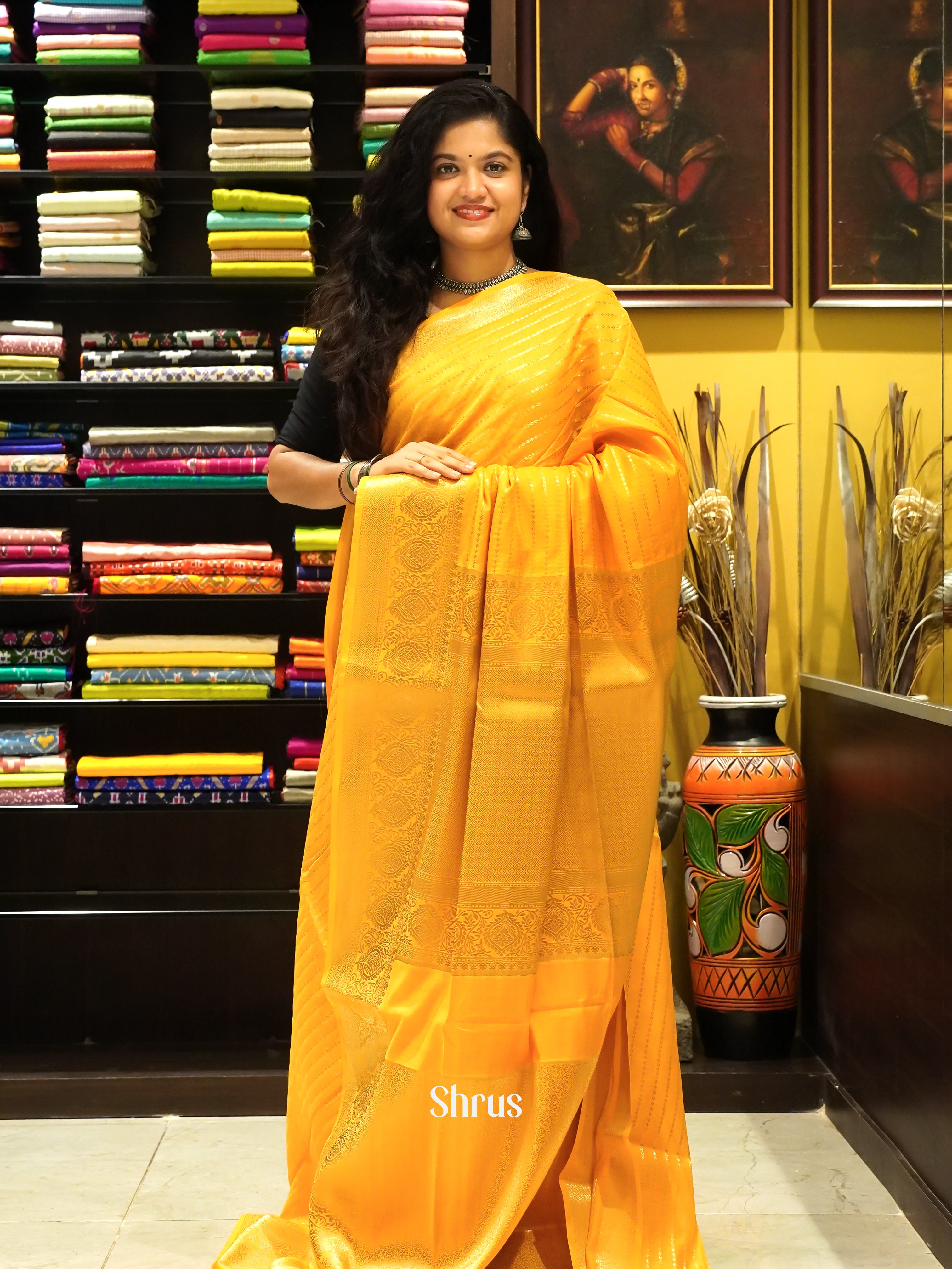 yellow(Single Tone) -semi silk cotton Saree - Shop on ShrusEternity.com