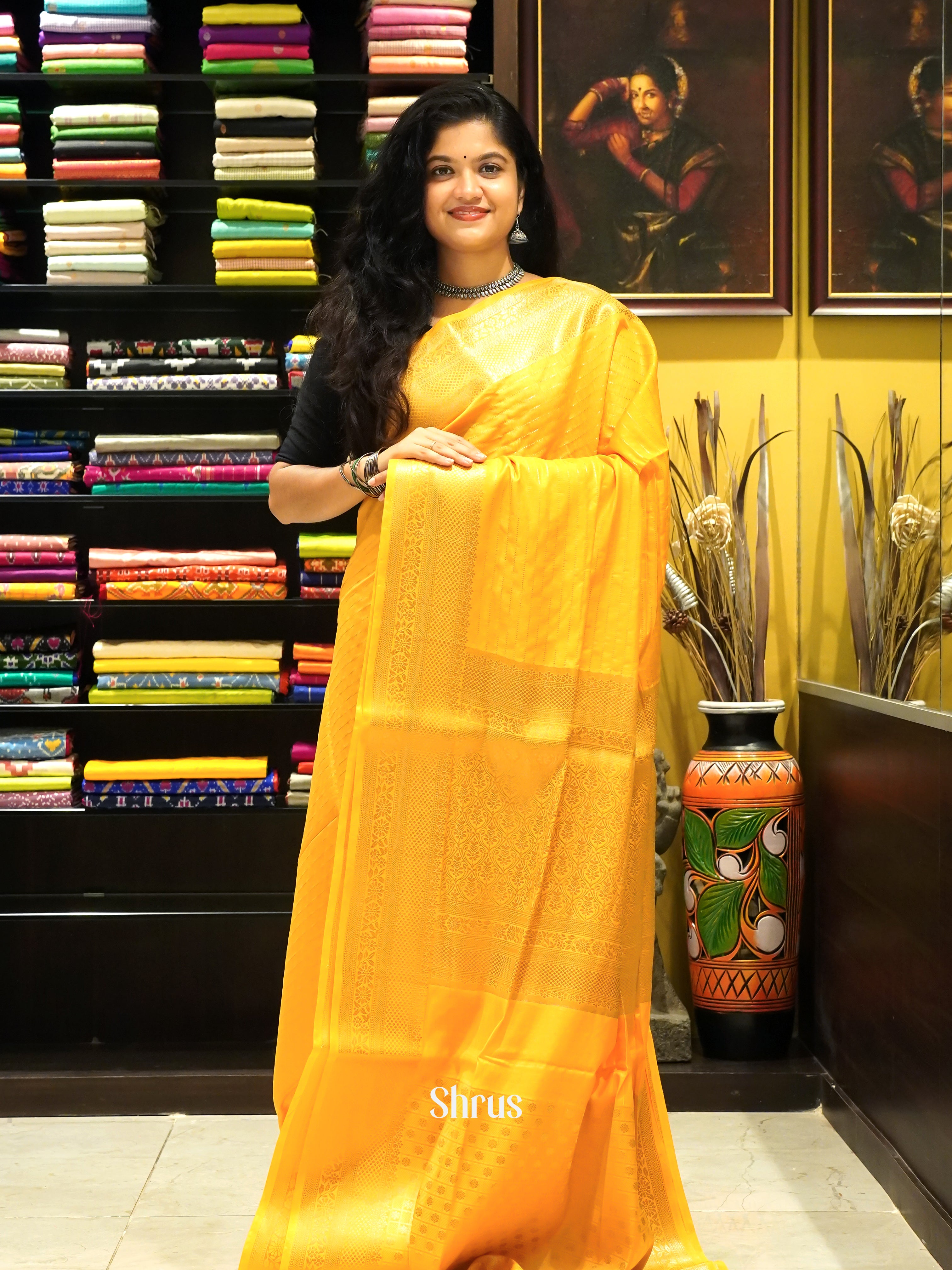 Yellow(Single Tone) -semi silk cotton Saree - Shop on ShrusEternity.com