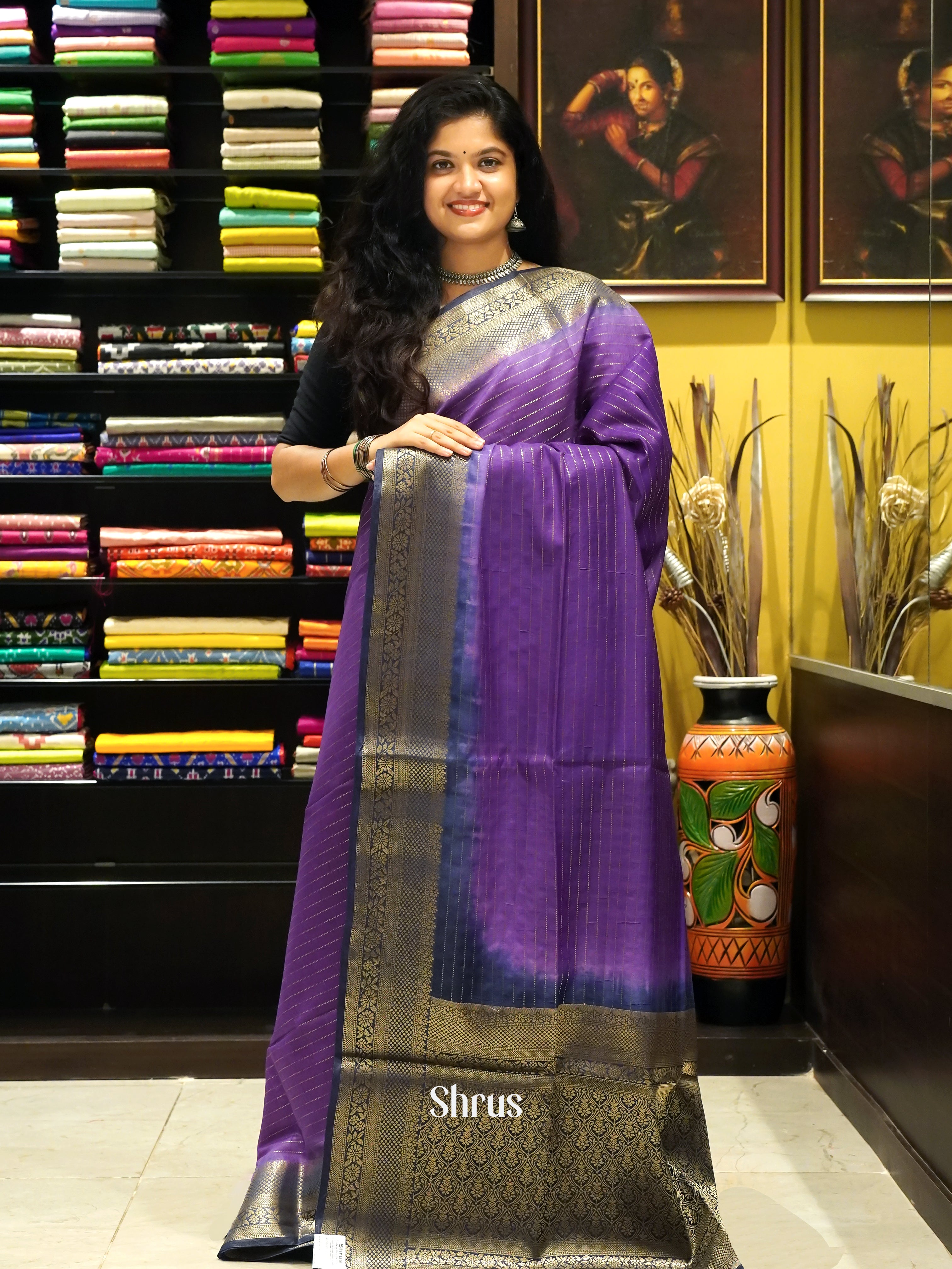 Purple & Blue -semi silk cotton Saree - Shop on ShrusEternity.com