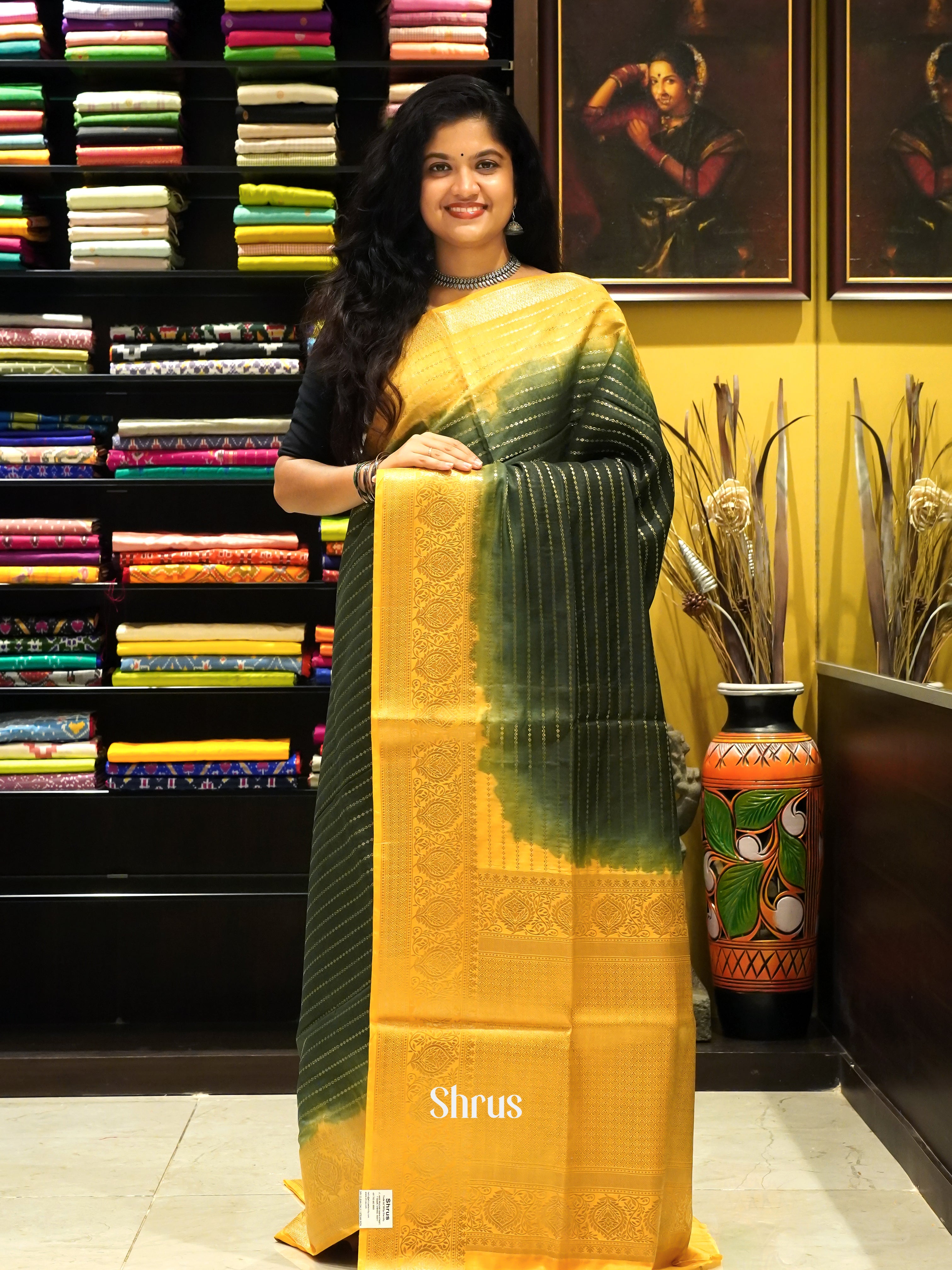 Green & Yellow -semi silk cotton Saree - Shop on ShrusEternity.com