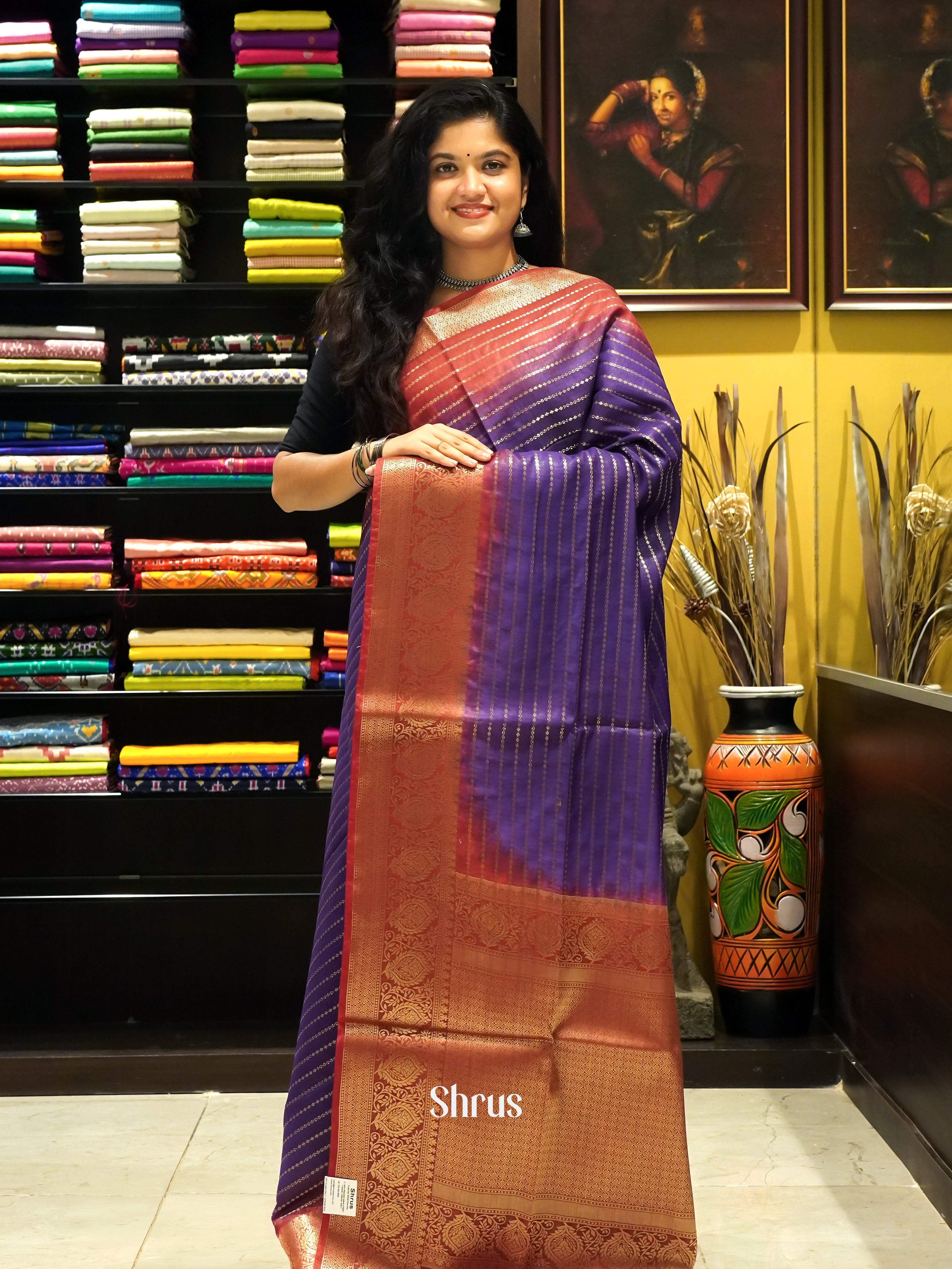 Violet & Maroon -Semi silk cotton Saree - Shop on ShrusEternity.com