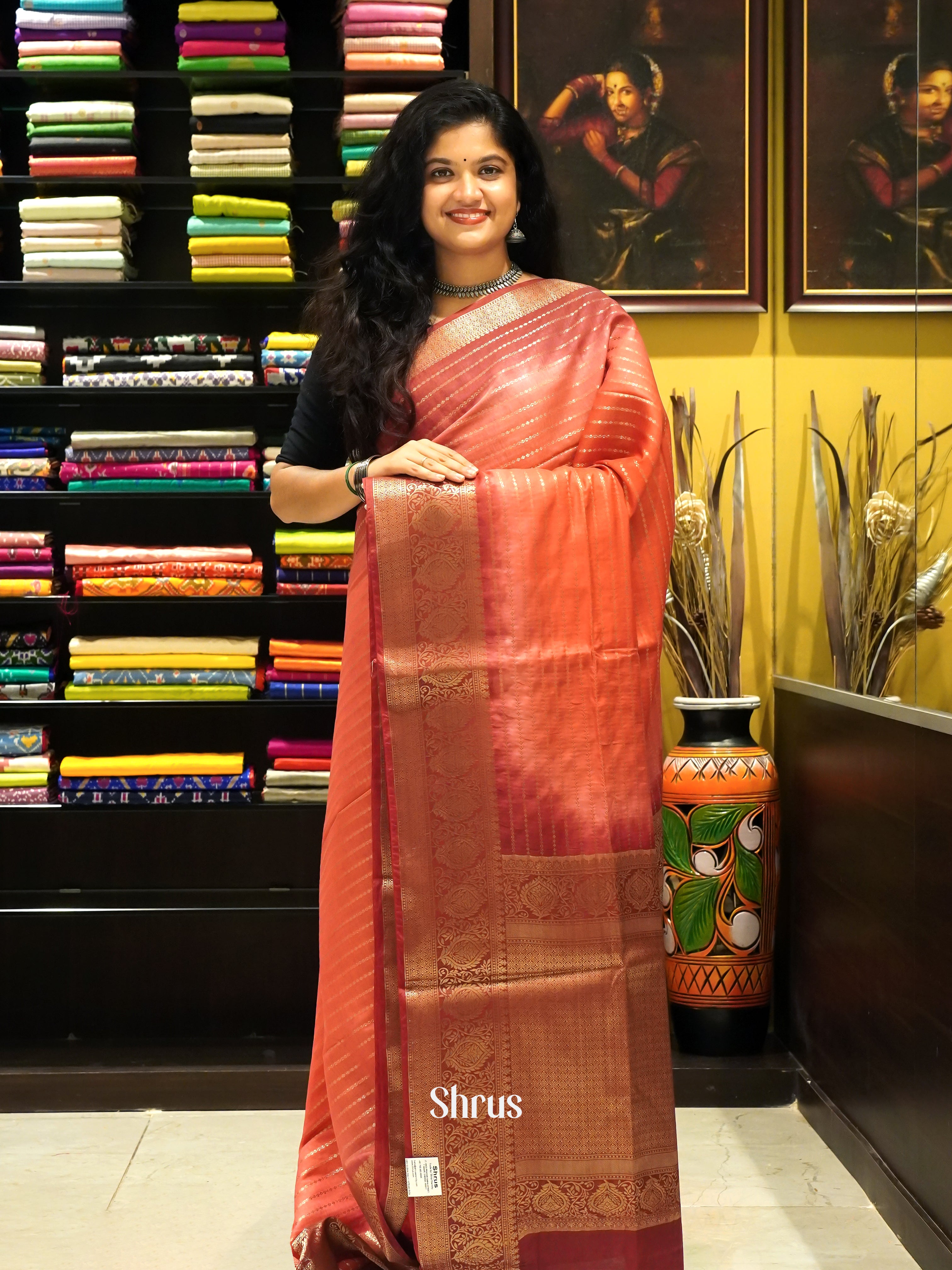 Peach & Maroon - Semi silk cotton Saree - Shop on ShrusEternity.com