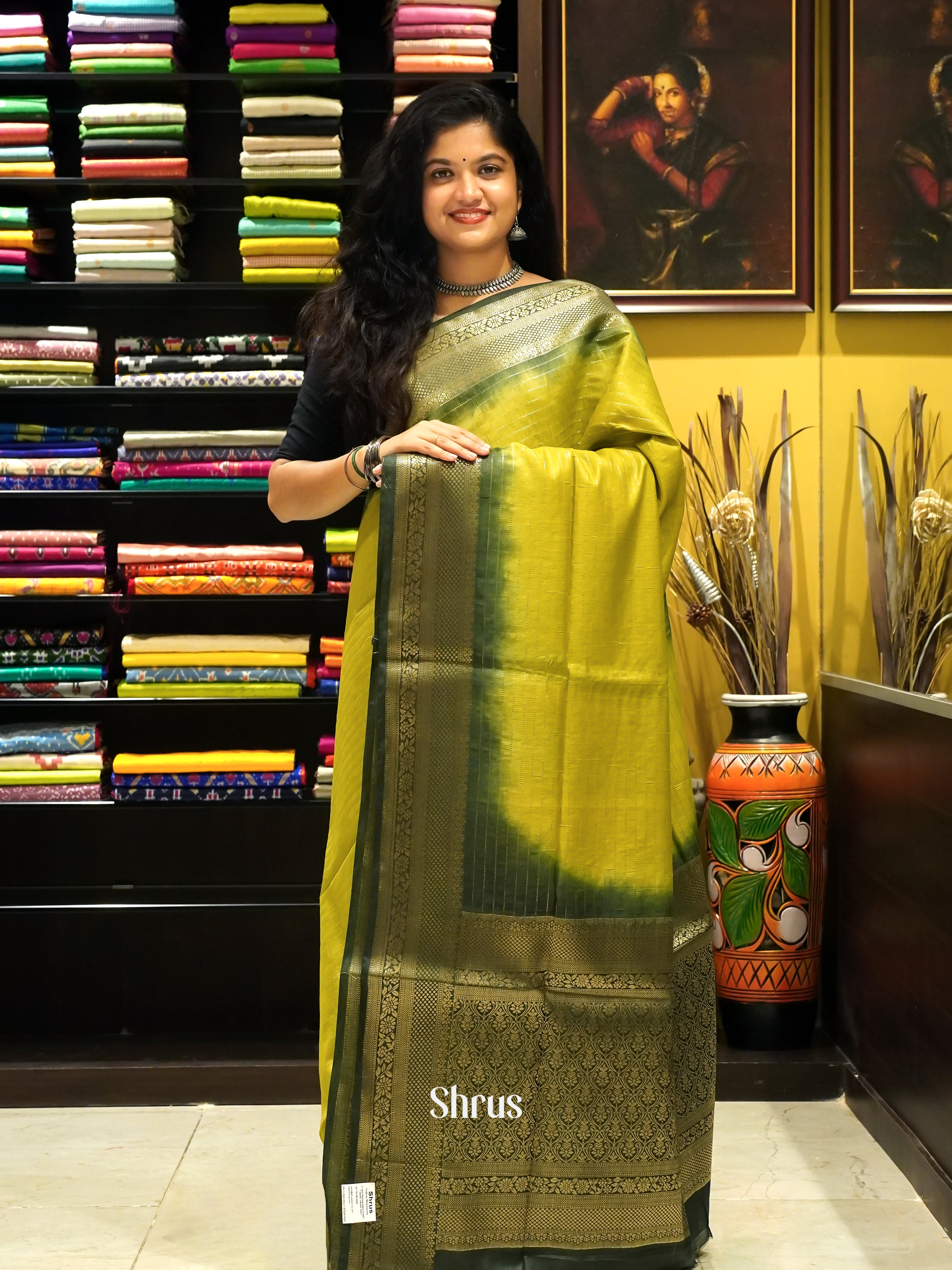 Light Green & Green -semi silk cotton Saree - Shop on ShrusEternity.com