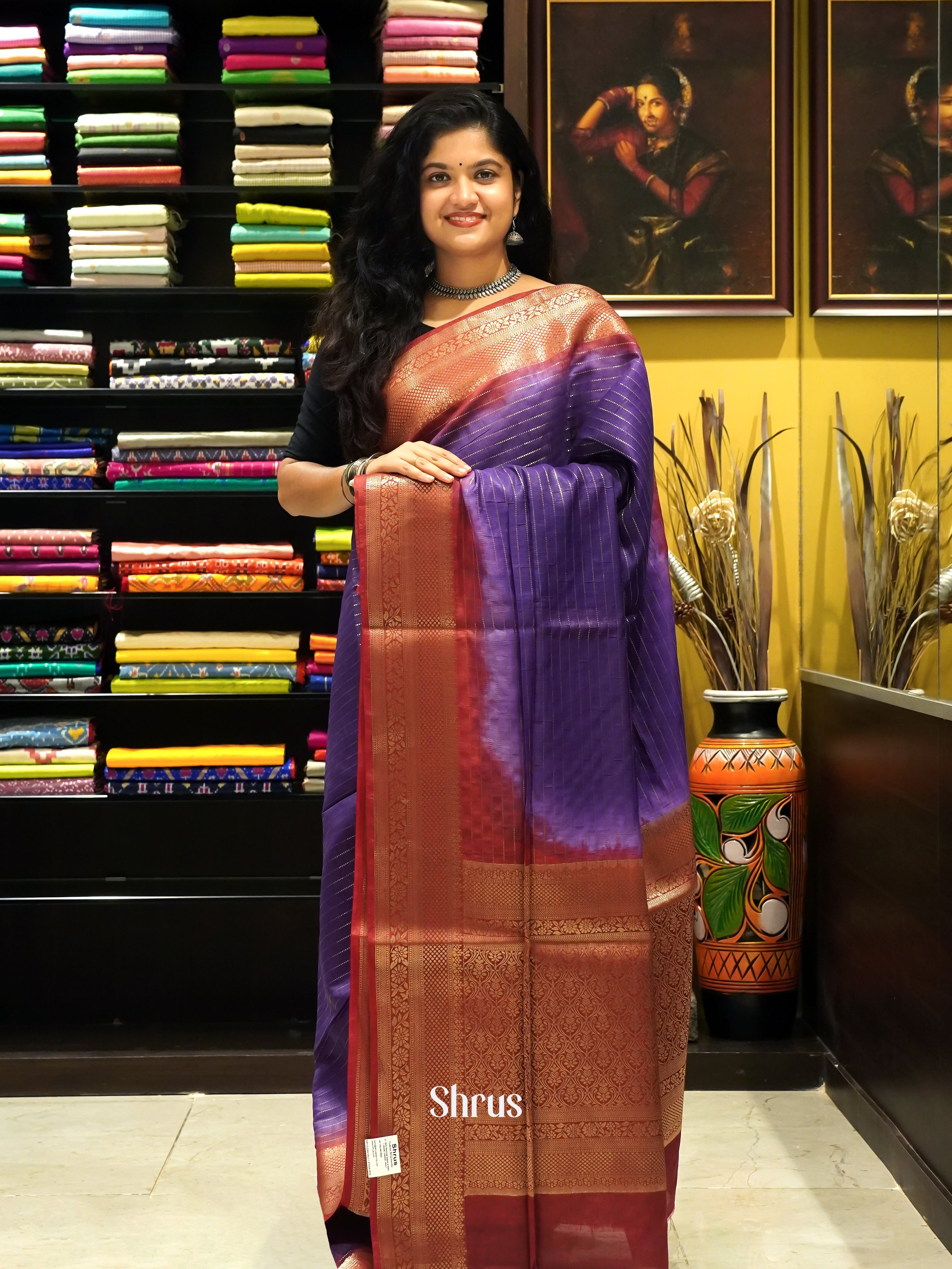 Blue & Maroon -Semi silk cotton Saree - Shop on ShrusEternity.com