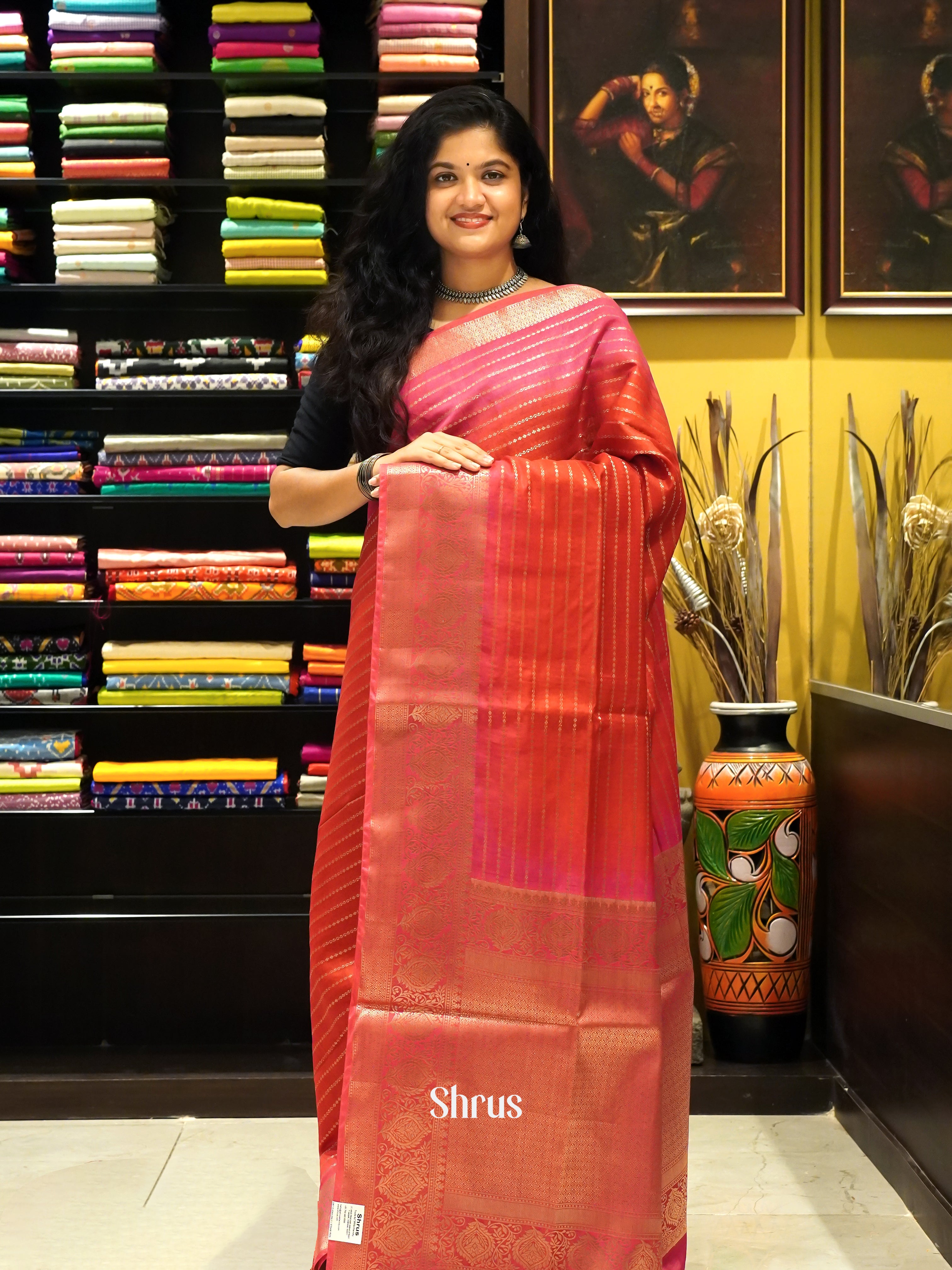 Reddish Pink(single Tone) -Semi silk cotton Saree - Shop on ShrusEternity.com