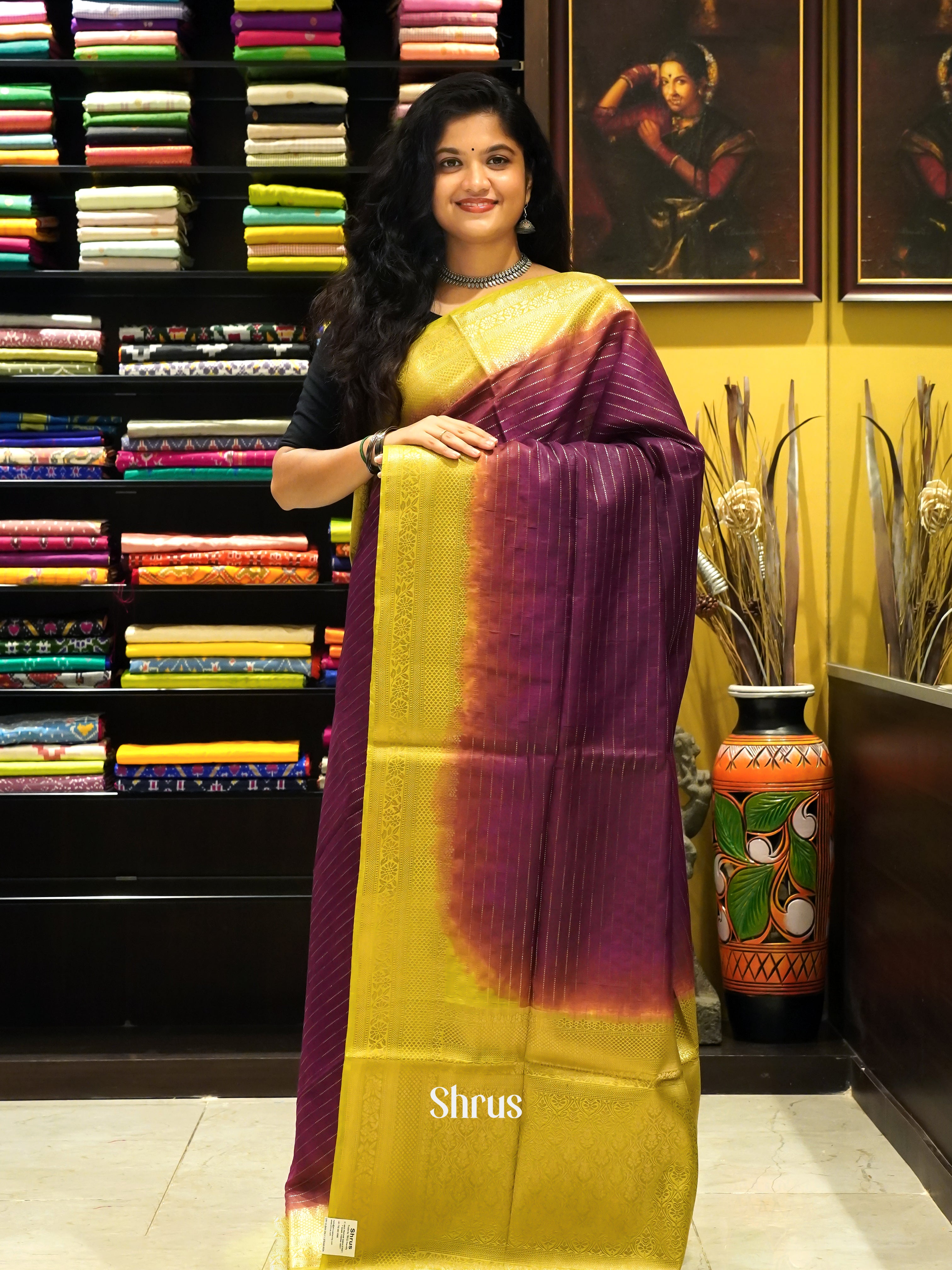 Wine & Green -Semi Silk Cotton Saree - Shop on ShrusEternity.com