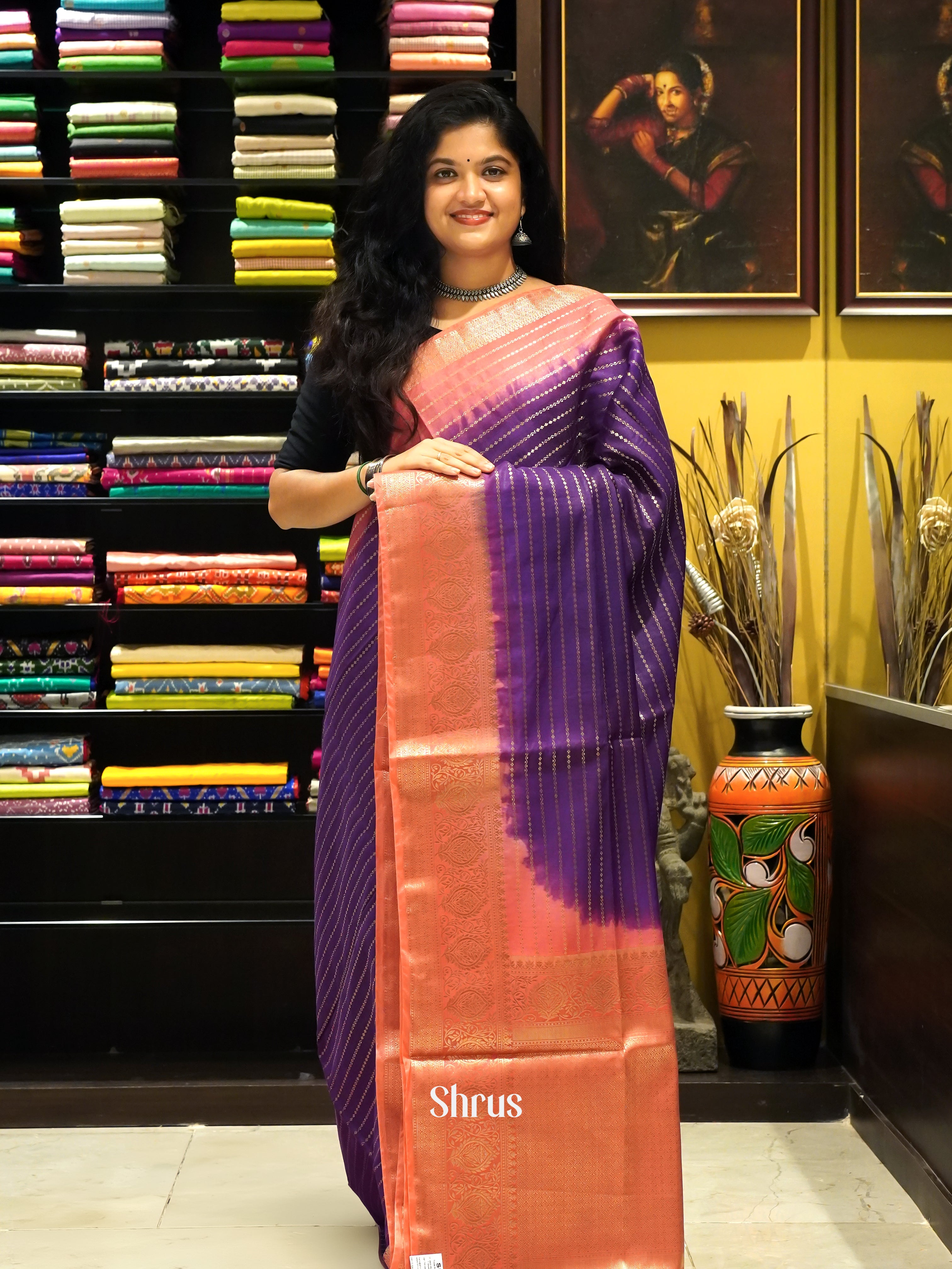 Violet & Orangish Pink -Semi Silk Cotton Saree - Shop on ShrusEternity.com