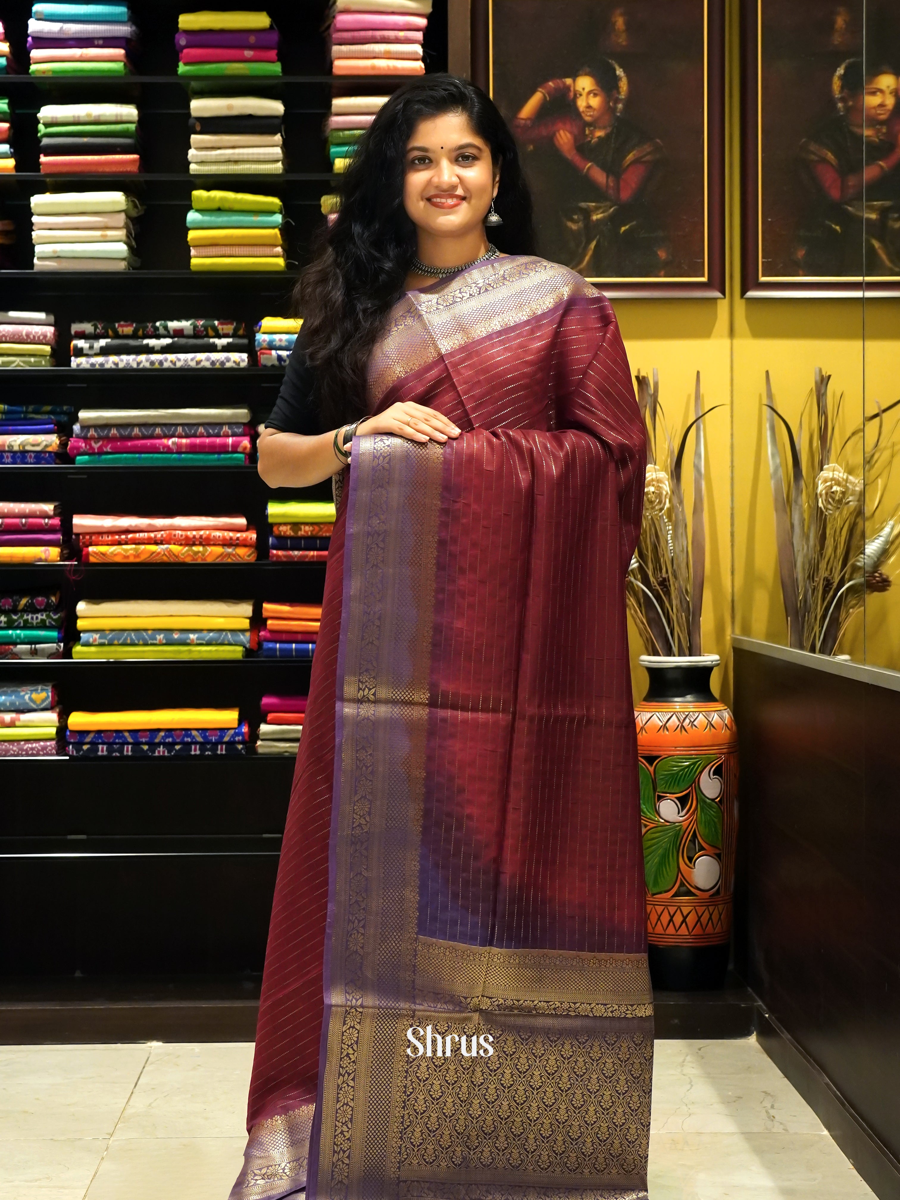 Maroon & Violet-Semi Silk Cotton Saree - Shop on ShrusEternity.com