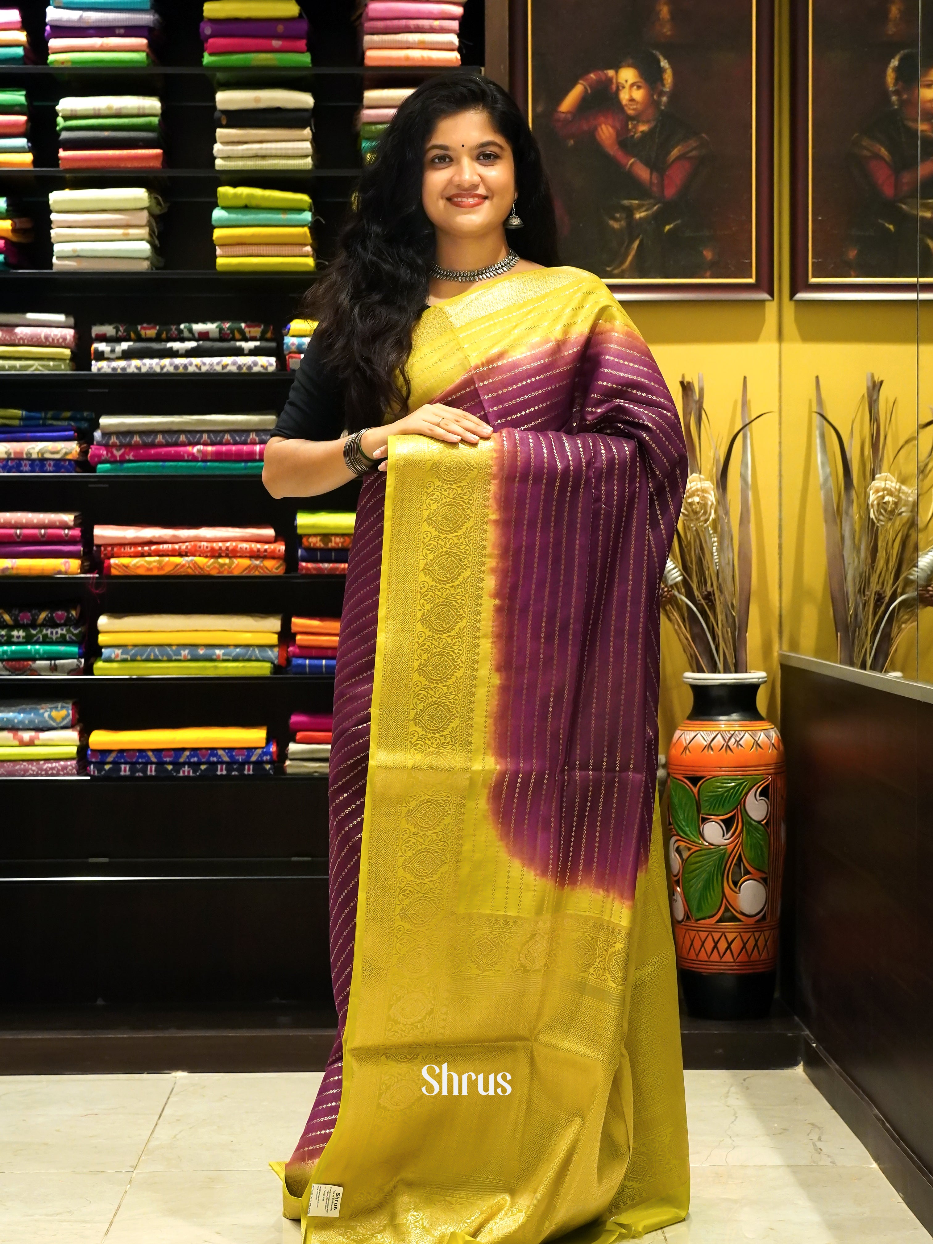Purple & Yellow -Semi Silk Cotton Saree - Shop on ShrusEternity.com