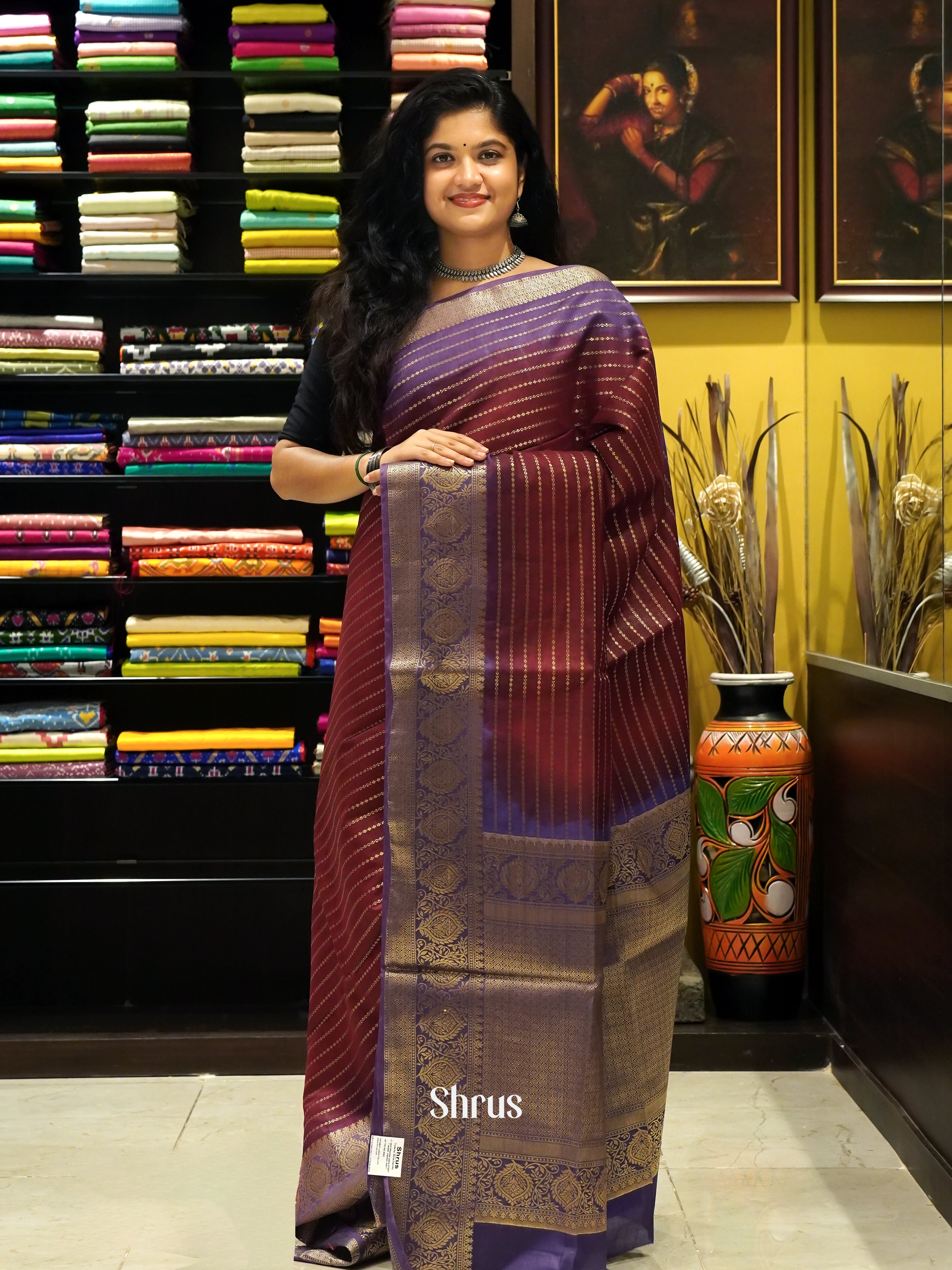 Maroon & Violet -Semi Silk Cotton Saree - Shop on ShrusEternity.com