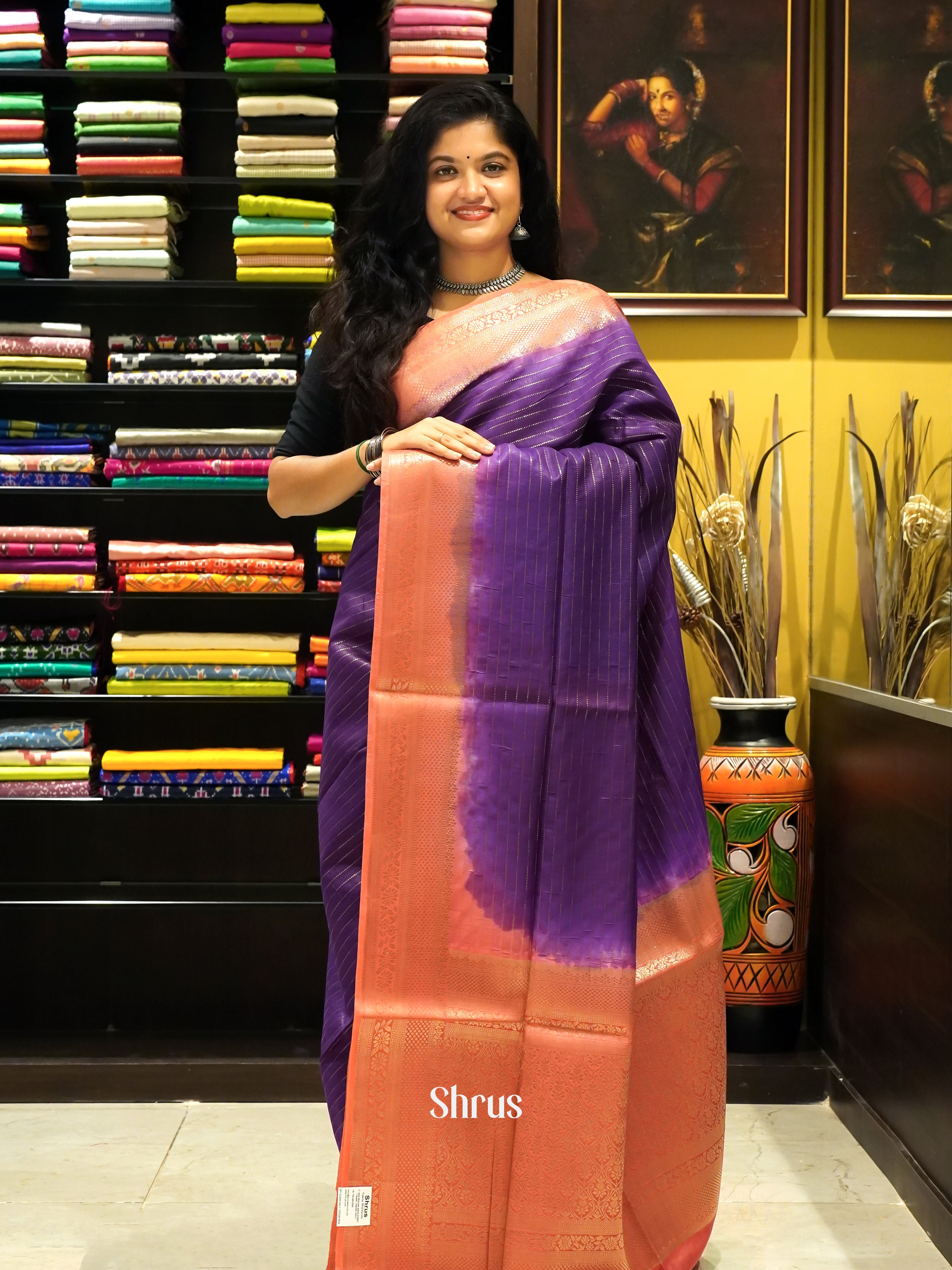 Violet & Orange - Semi Silk Cotton Saree - Shop on ShrusEternity.com