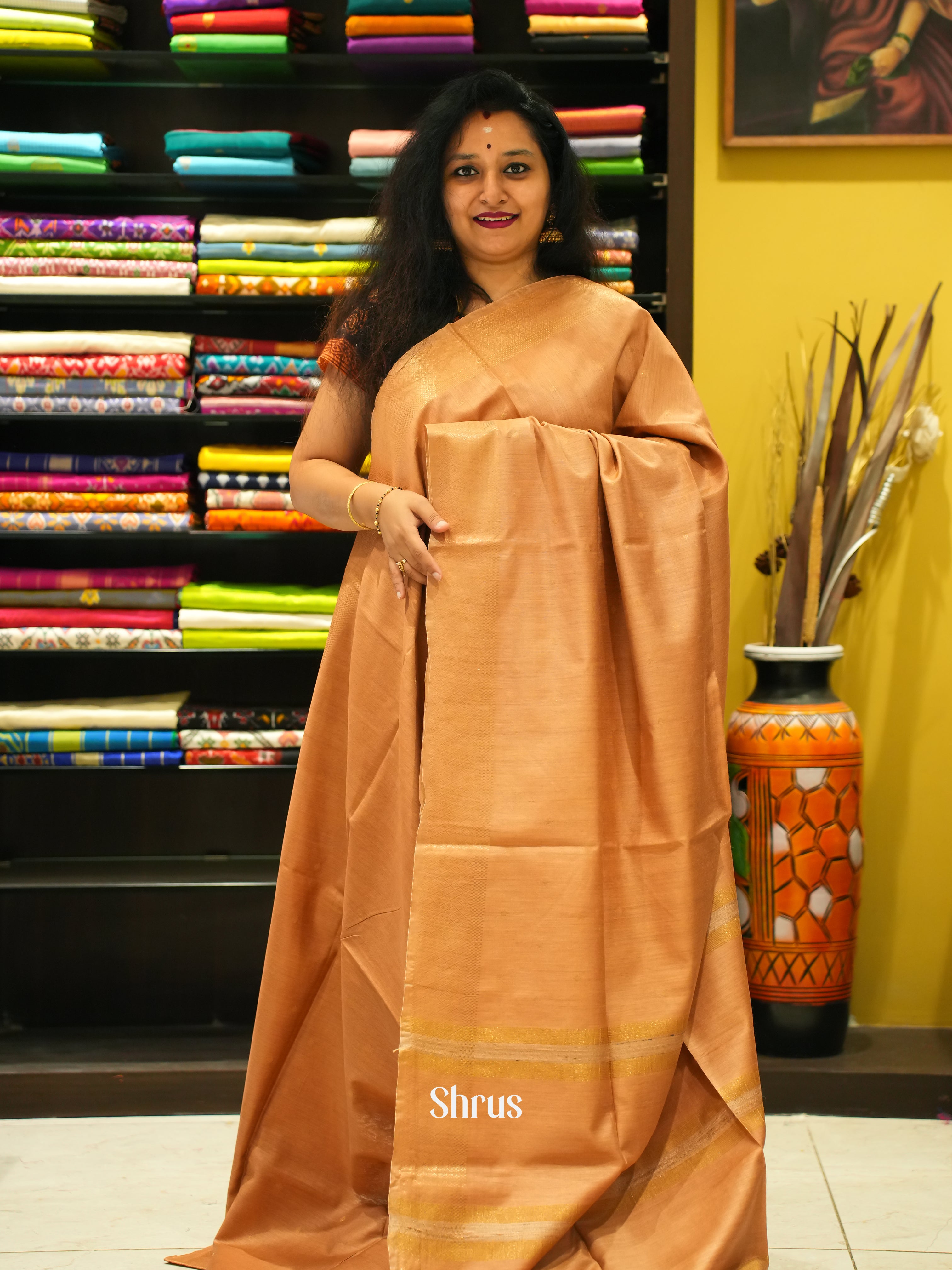 Light Brown(Single Tone) - Semi Tussar Saree - Shop on ShrusEternity.com