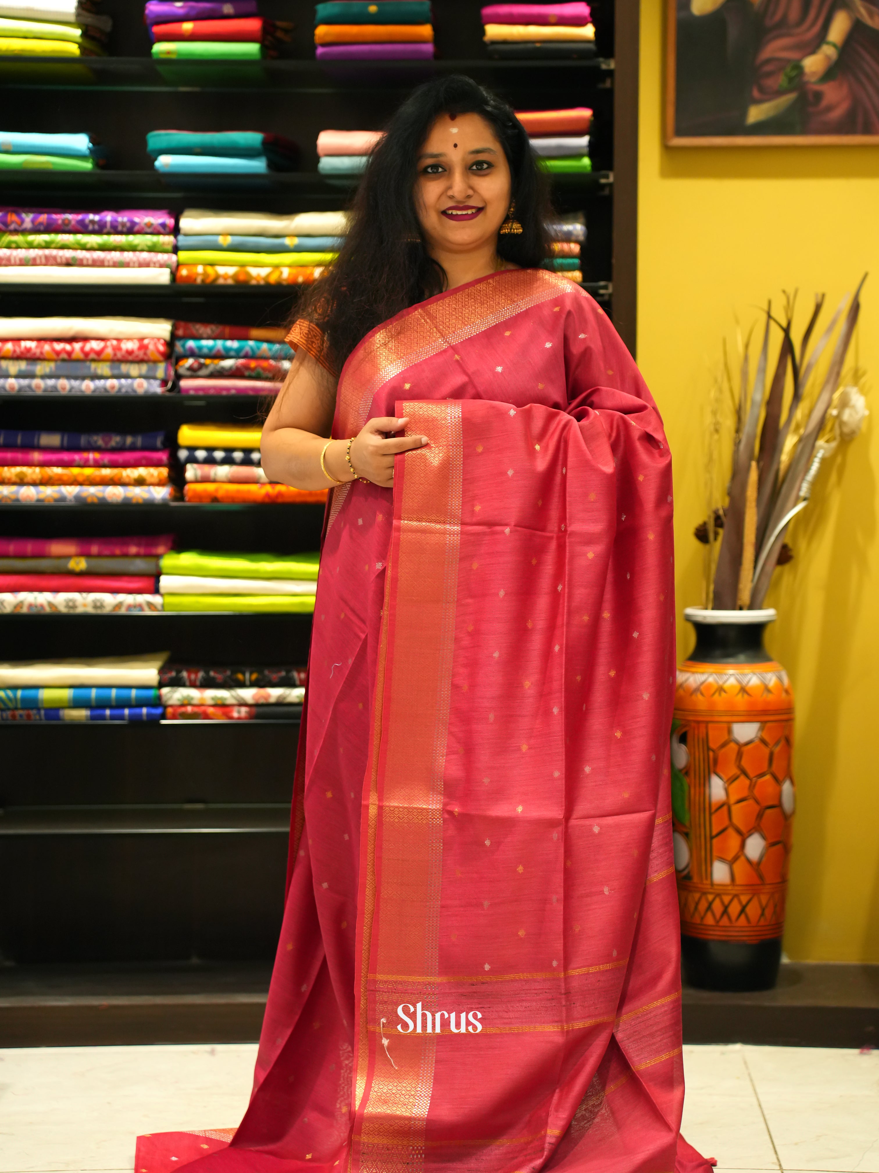 Reddish Pink(Single Tone) - Semi Tussar Saree - Shop on ShrusEternity.com