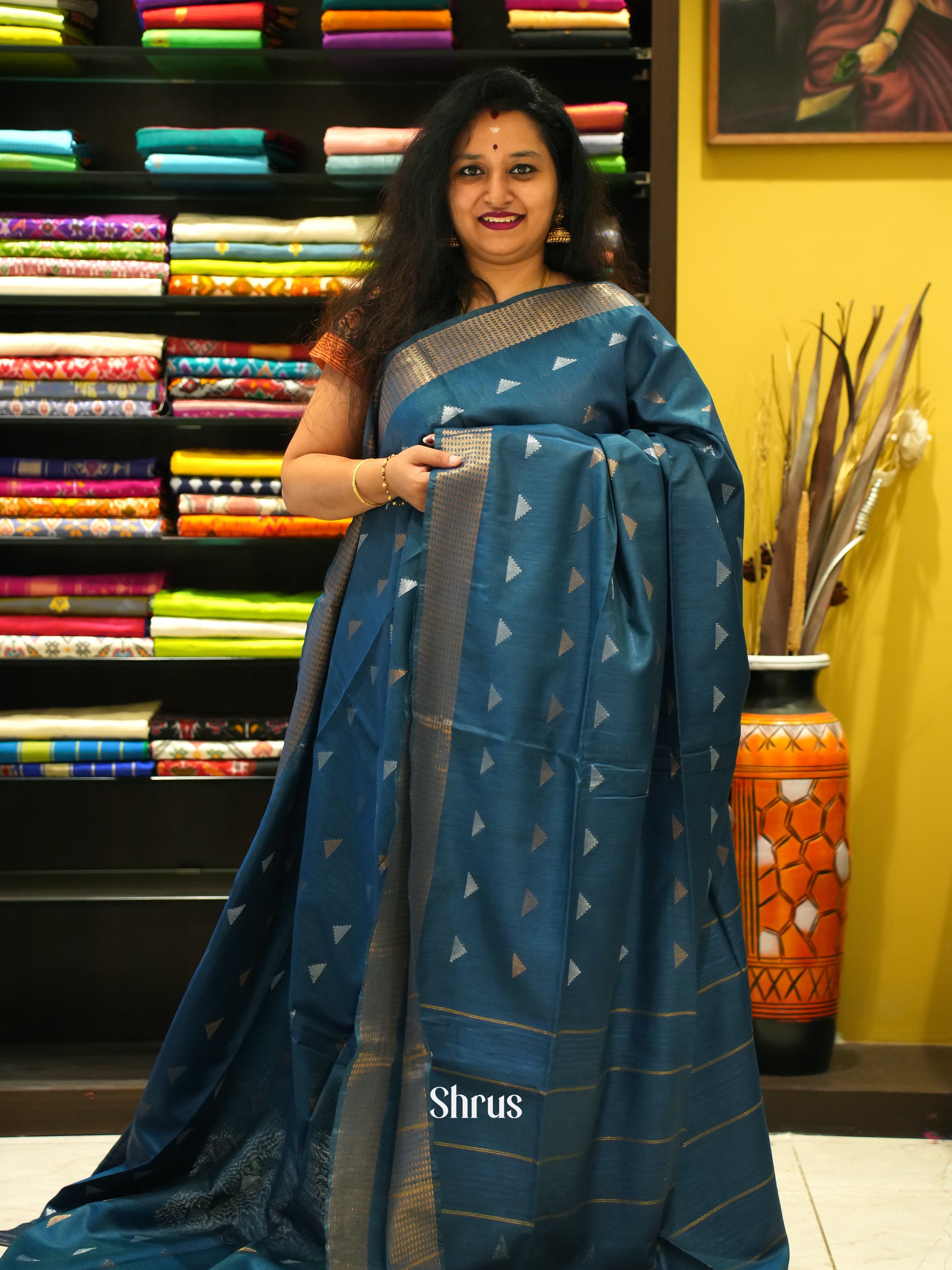 Peacock Blue(Single Tone) - Semi Tussar - Shop on ShrusEternity.com