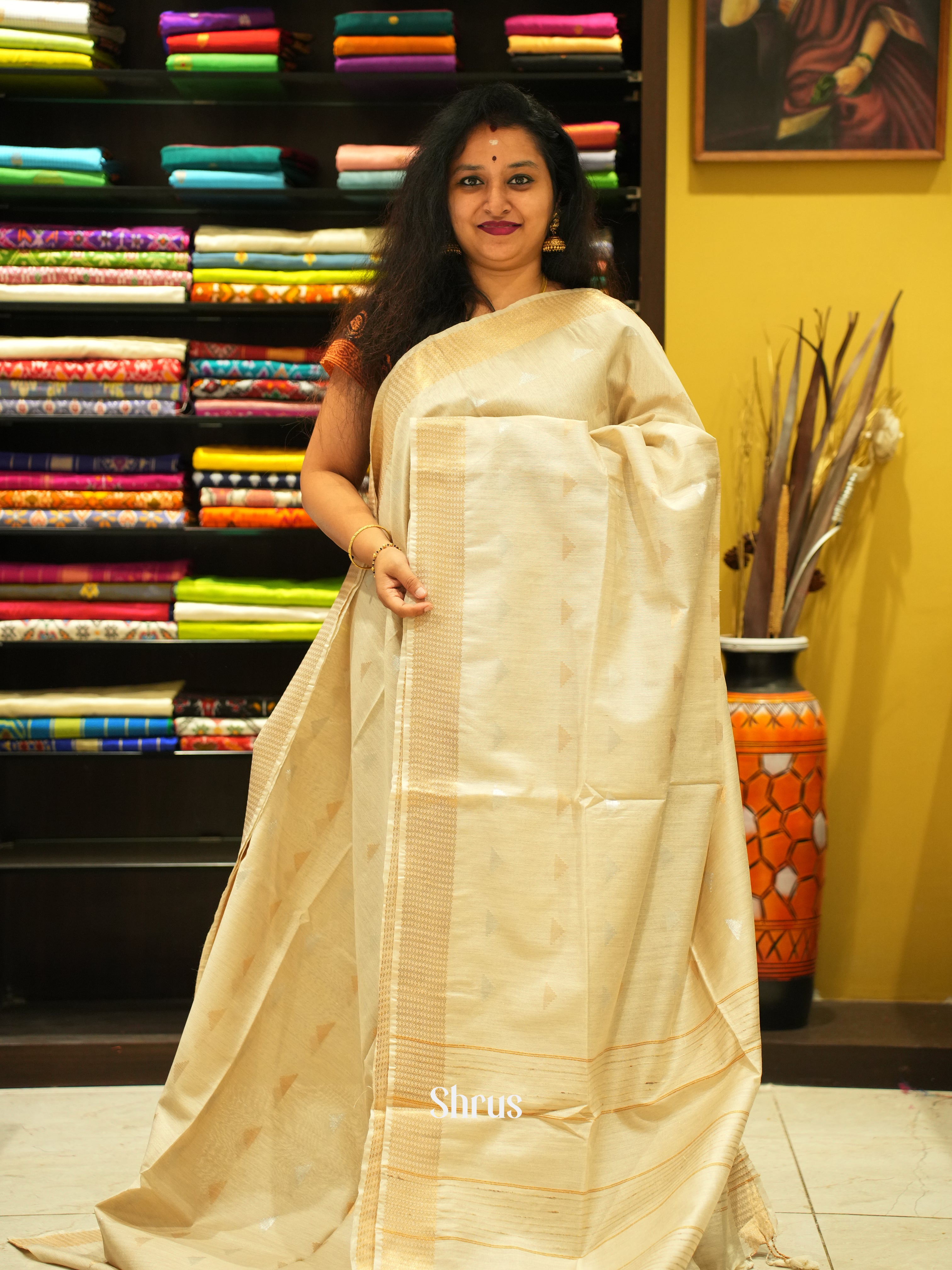 Cream(Single Tone) -Semi Tussar Saree - Shop on ShrusEternity.com