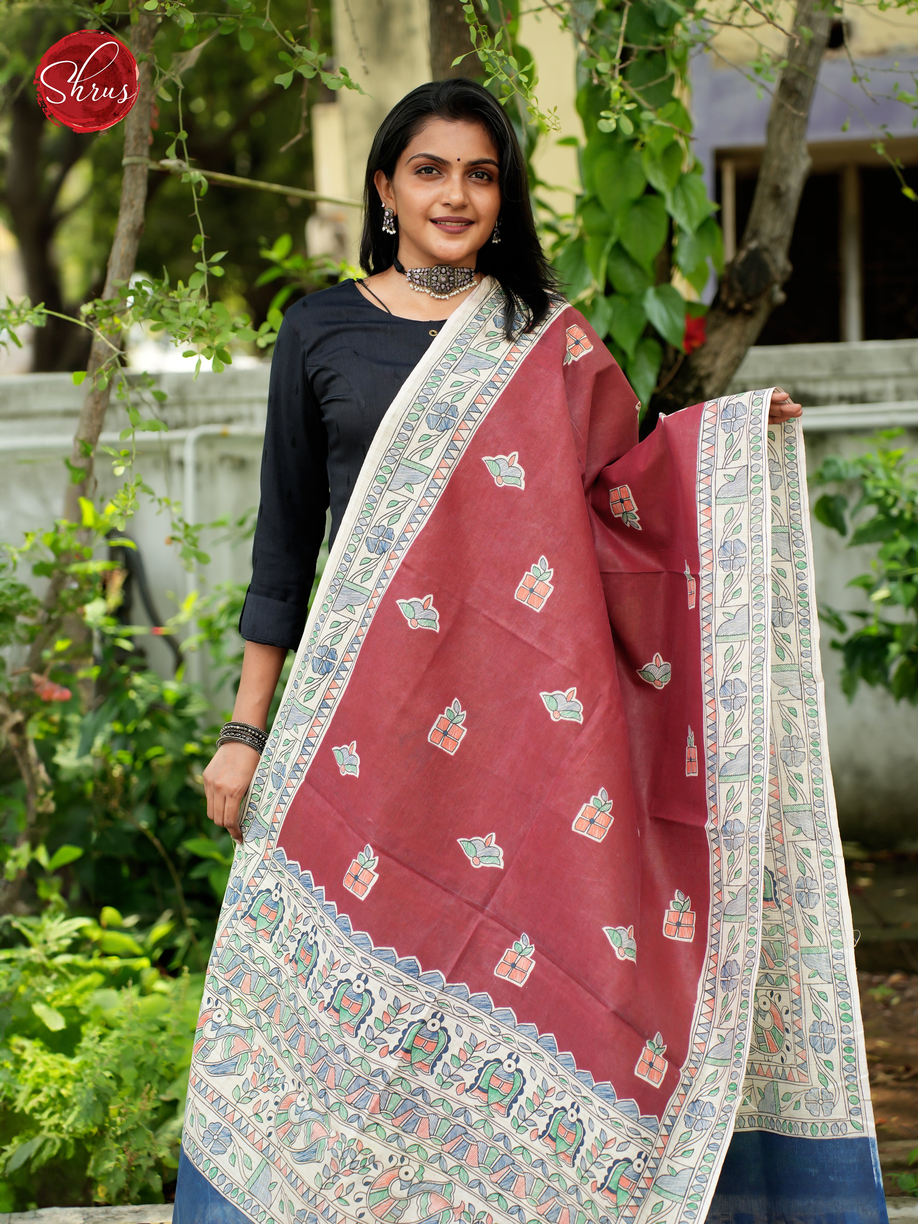 Maroon & Cream - Madhubani Printed Cotton Dupatta - Shop on ShrusEternity.com