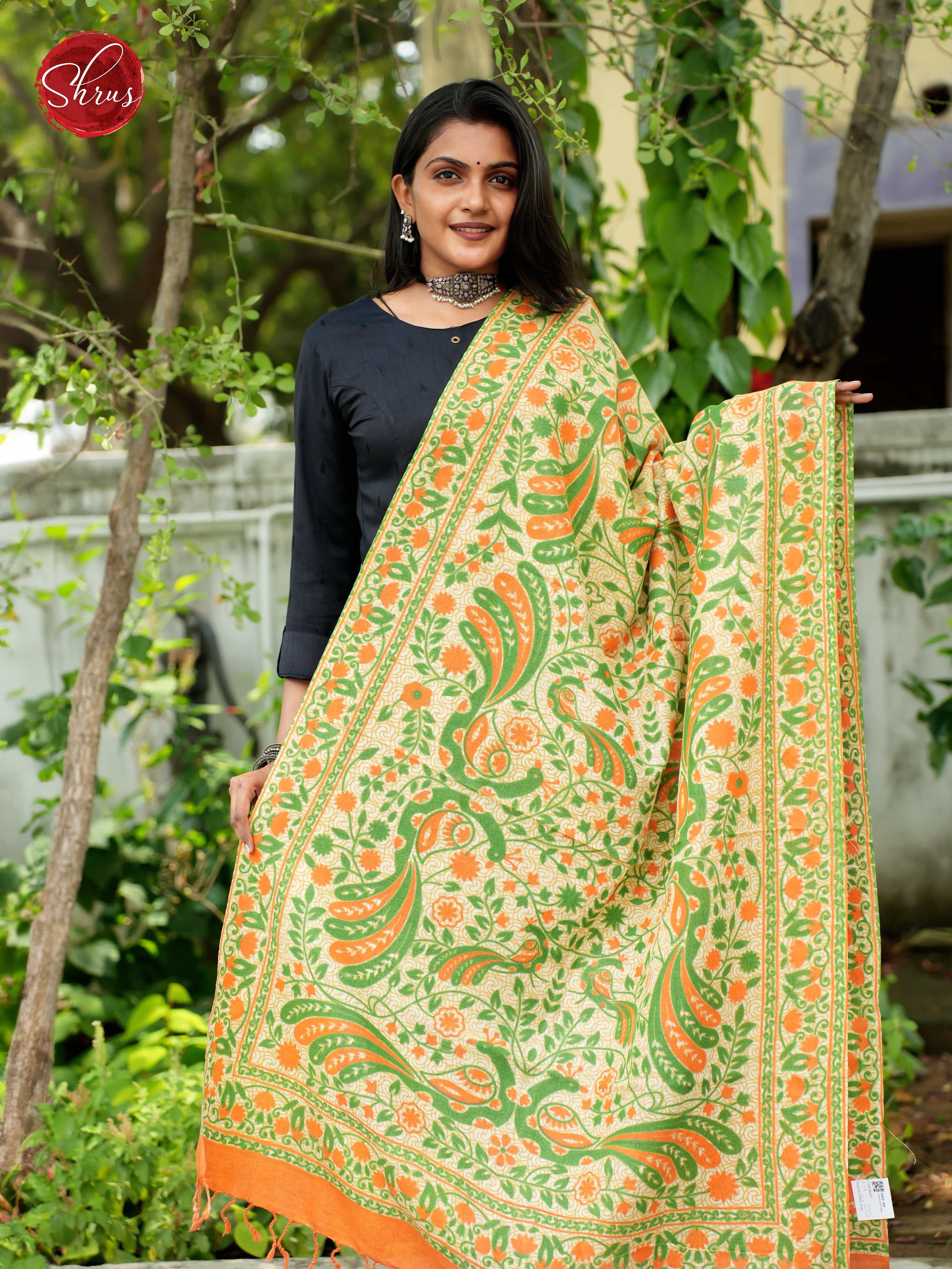 Cream & Orange-Madhubani Printed Cotton Dupatta - Shop on ShrusEternity.com