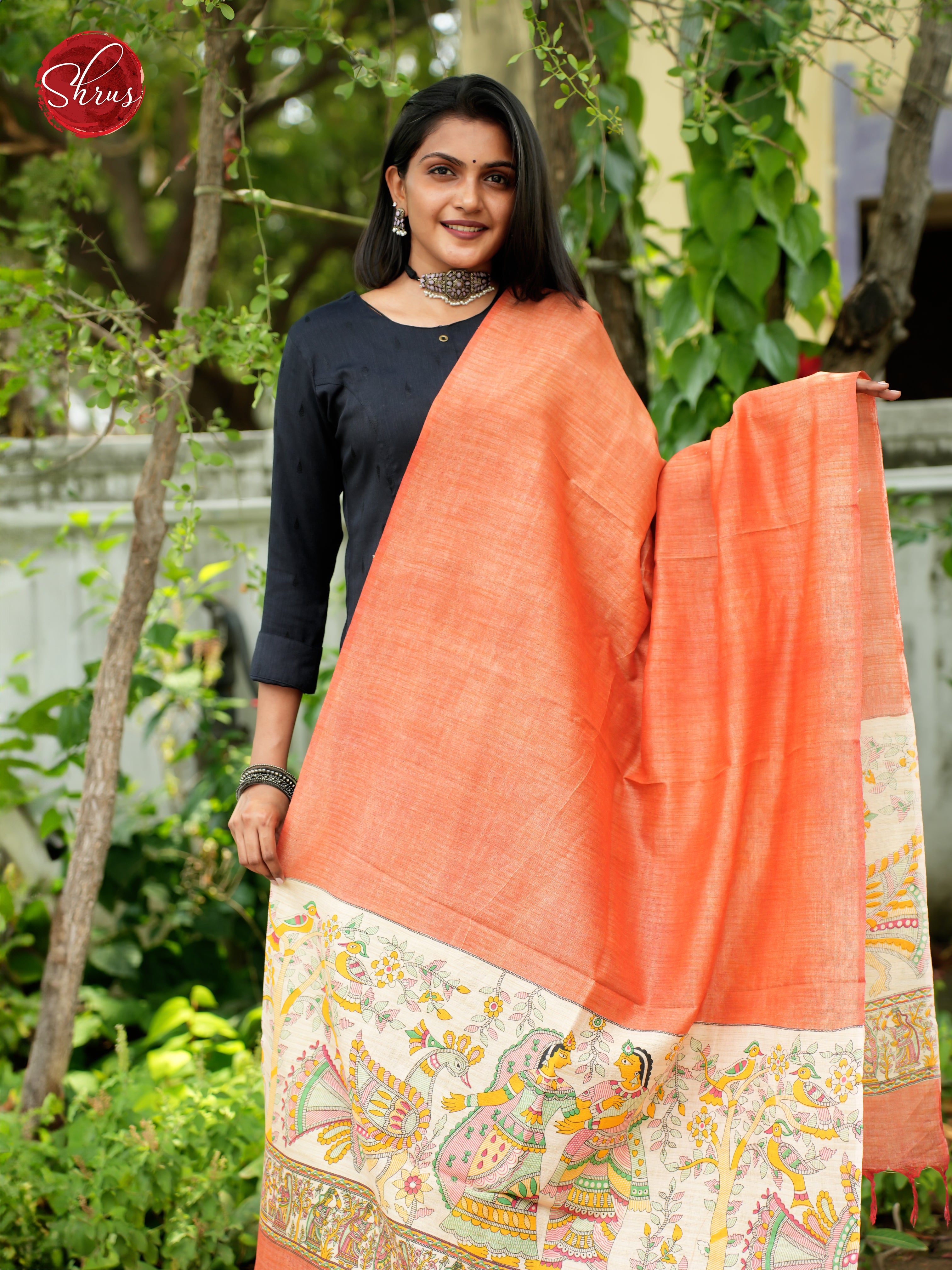 Peach & Cream -Madhubani Printed Cotton Dupatta - Shop on ShrusEternity.com