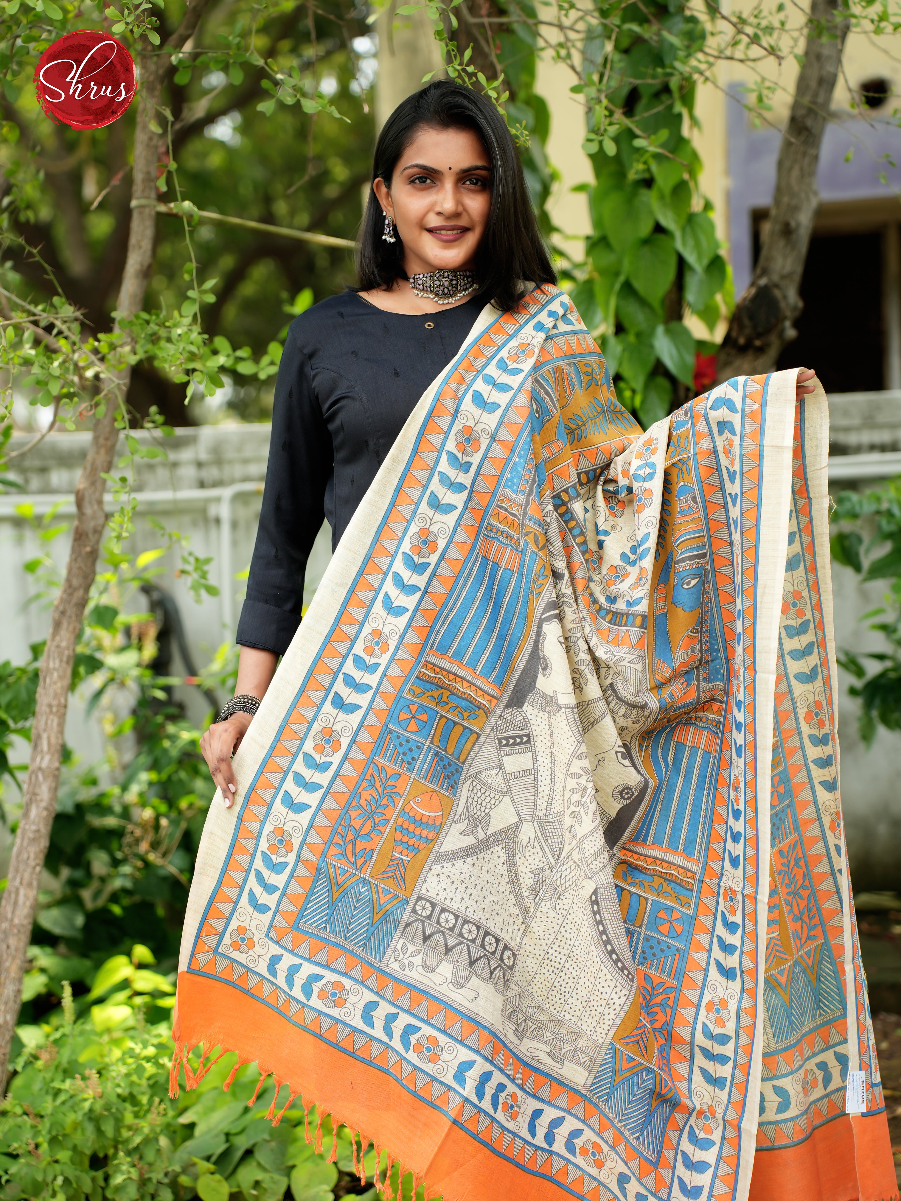 Cream & Orange- Madhubani Printed Cotton Dupatta - Shop on ShrusEternity.com