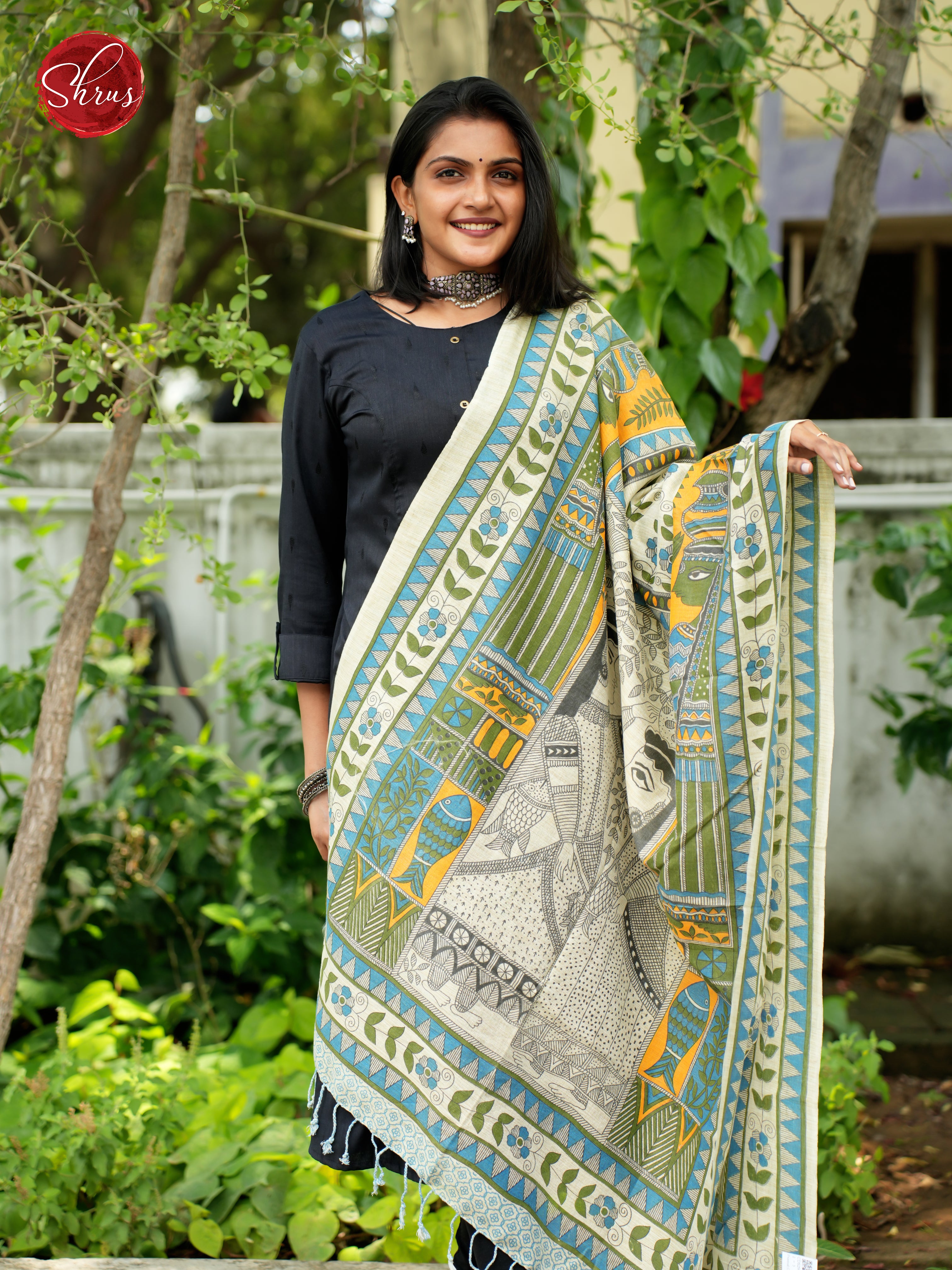 Cream & Blue - Madhubani Printed Cotton Dupatta - Shop on ShrusEternity.com