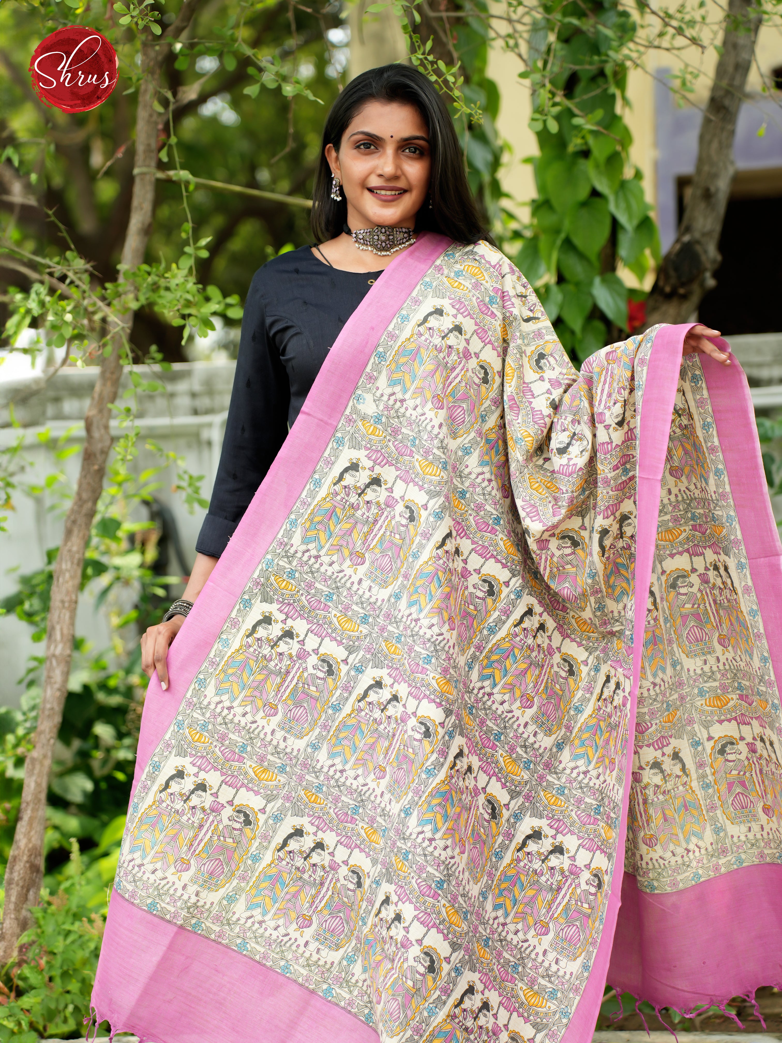 Cream & Pink - Madhubani Printed Cotton Dupatta - Shop on ShrusEternity.com