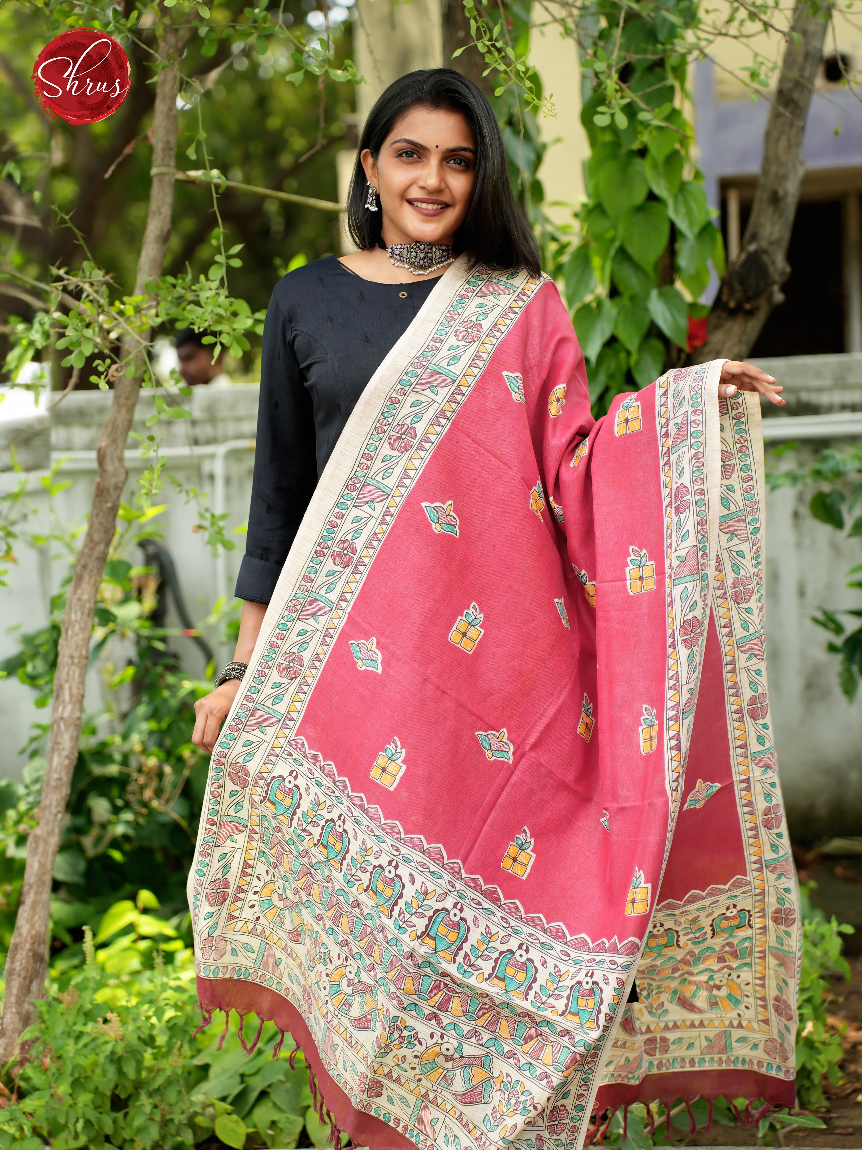 Pink & Cream -Madhubani Printed Cotton Dupatta - Shop on ShrusEternity.com