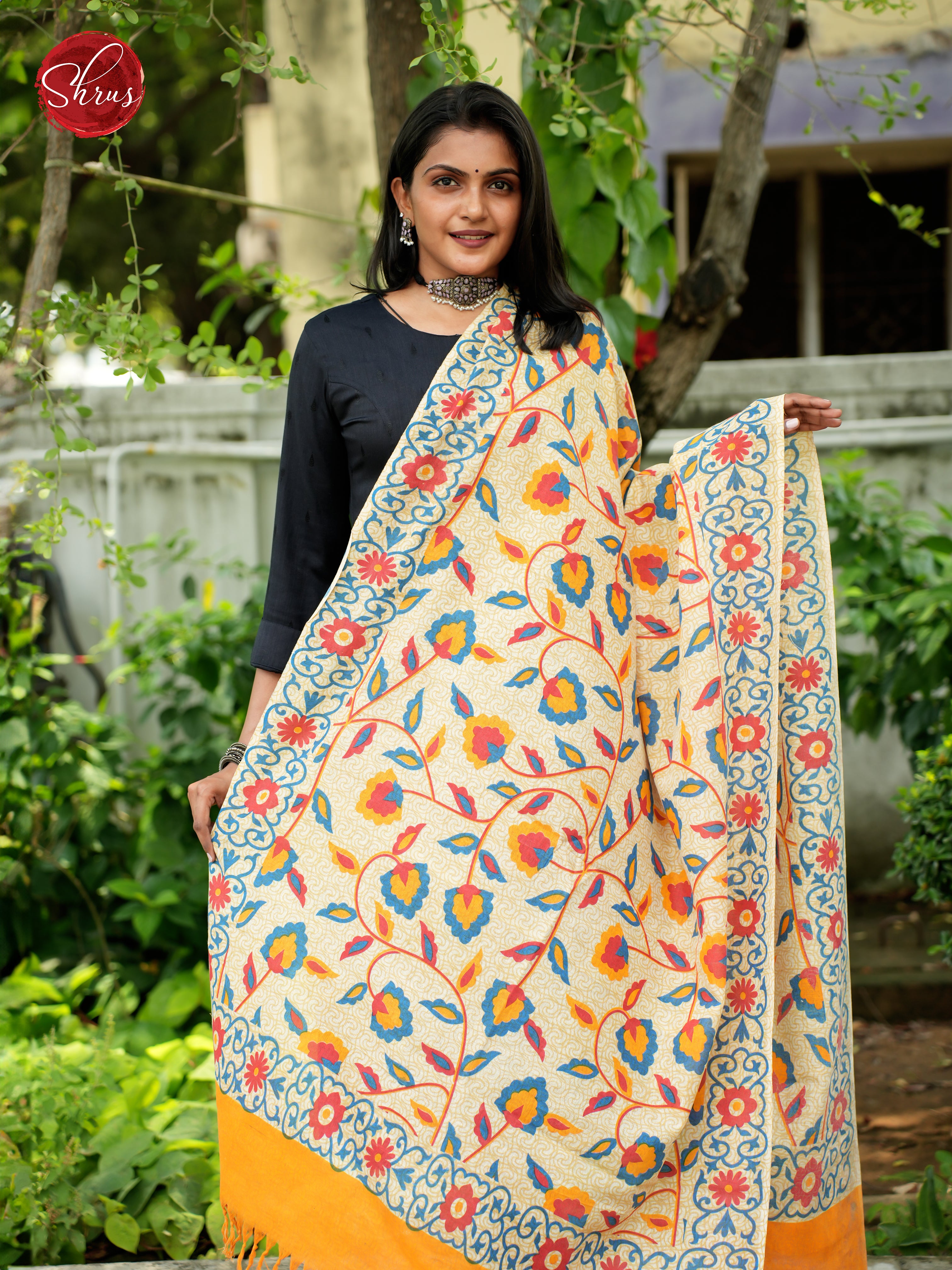 Cream & Yellow -Madhubani Printed Cotton Dupatta - Shop on ShrusEternity.com