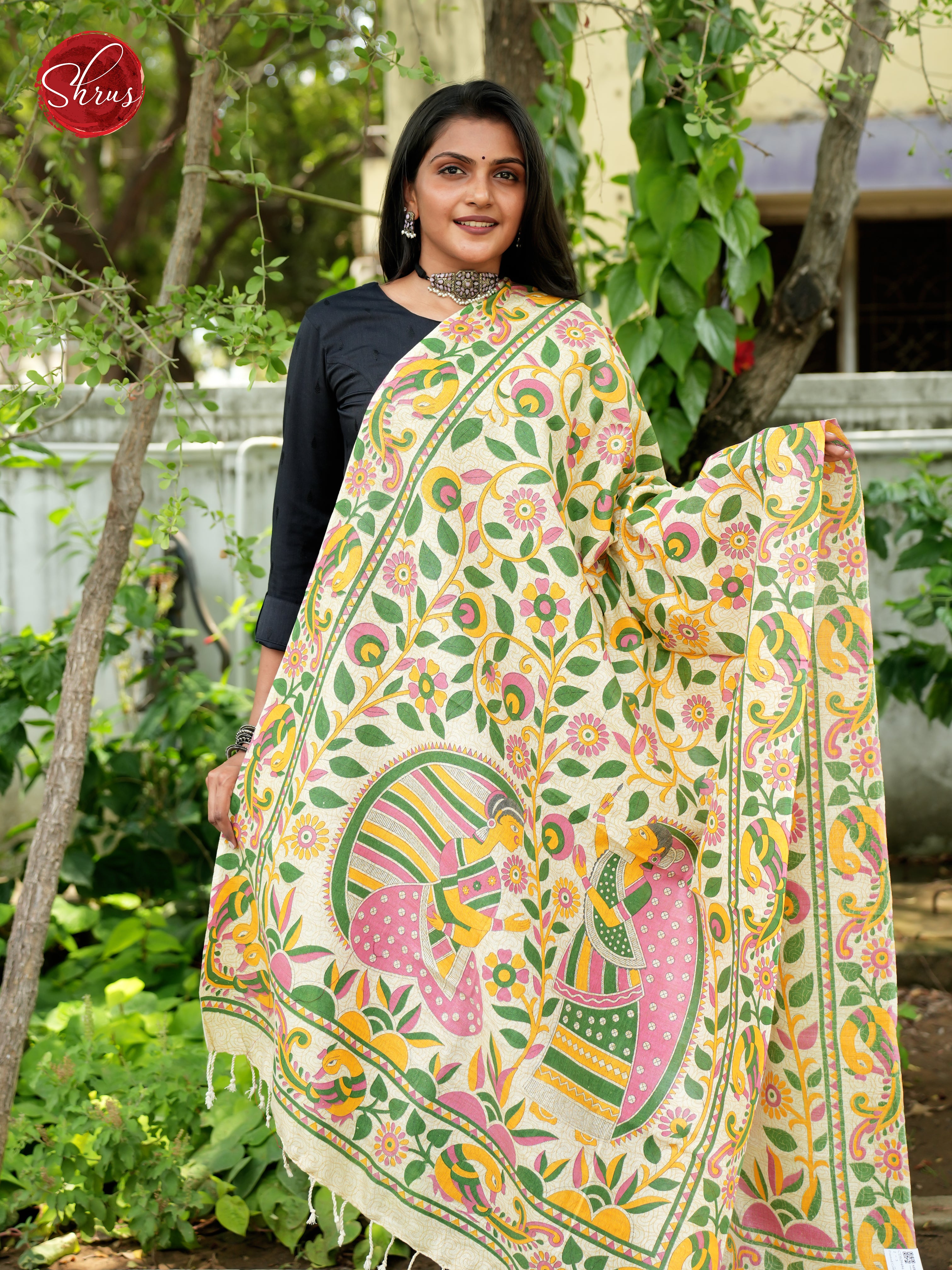 Cream & Pink - Madhubani Printed Cotton Dupatta - Shop on ShrusEternity.com