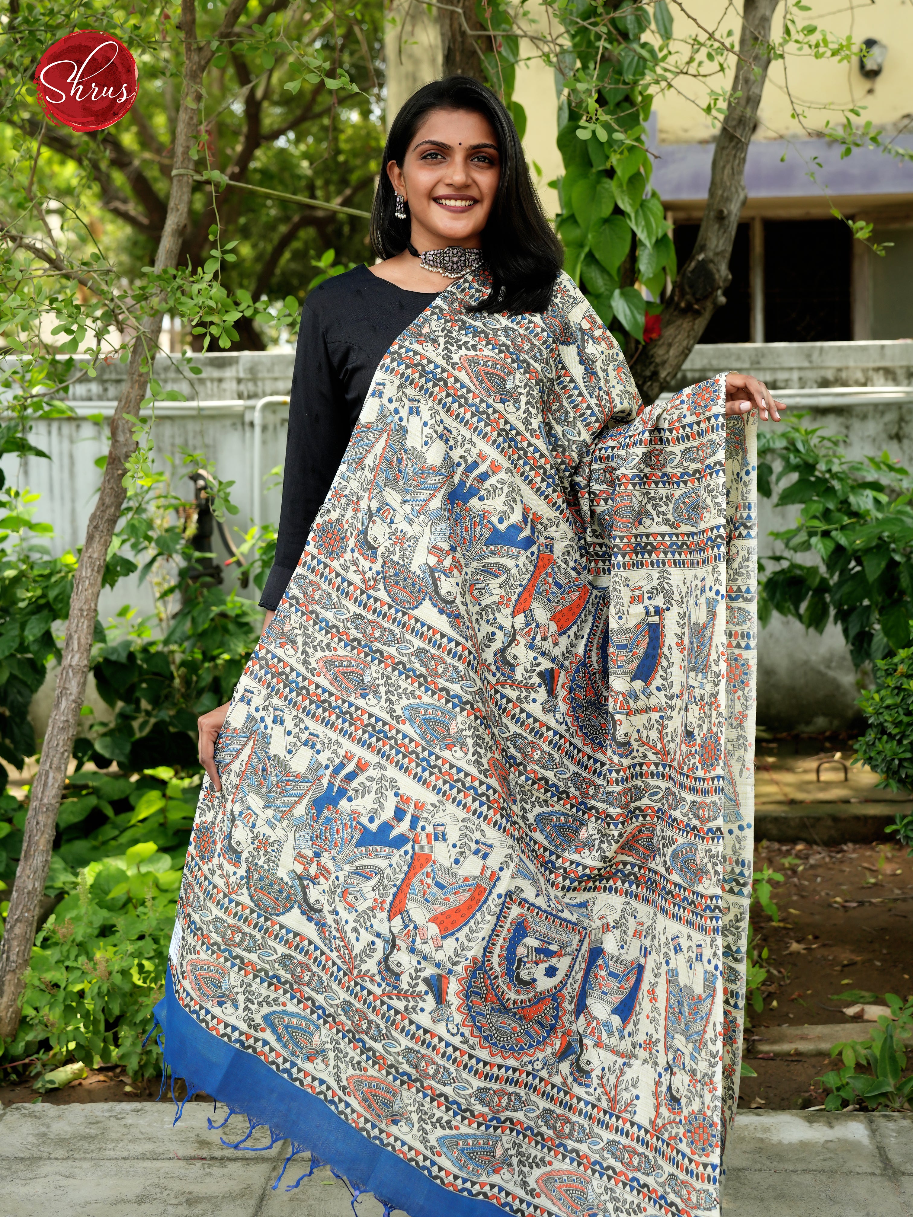 Cream & Blue - Madhubani Printed Cotton Dupatta - Shop on ShrusEternity.com