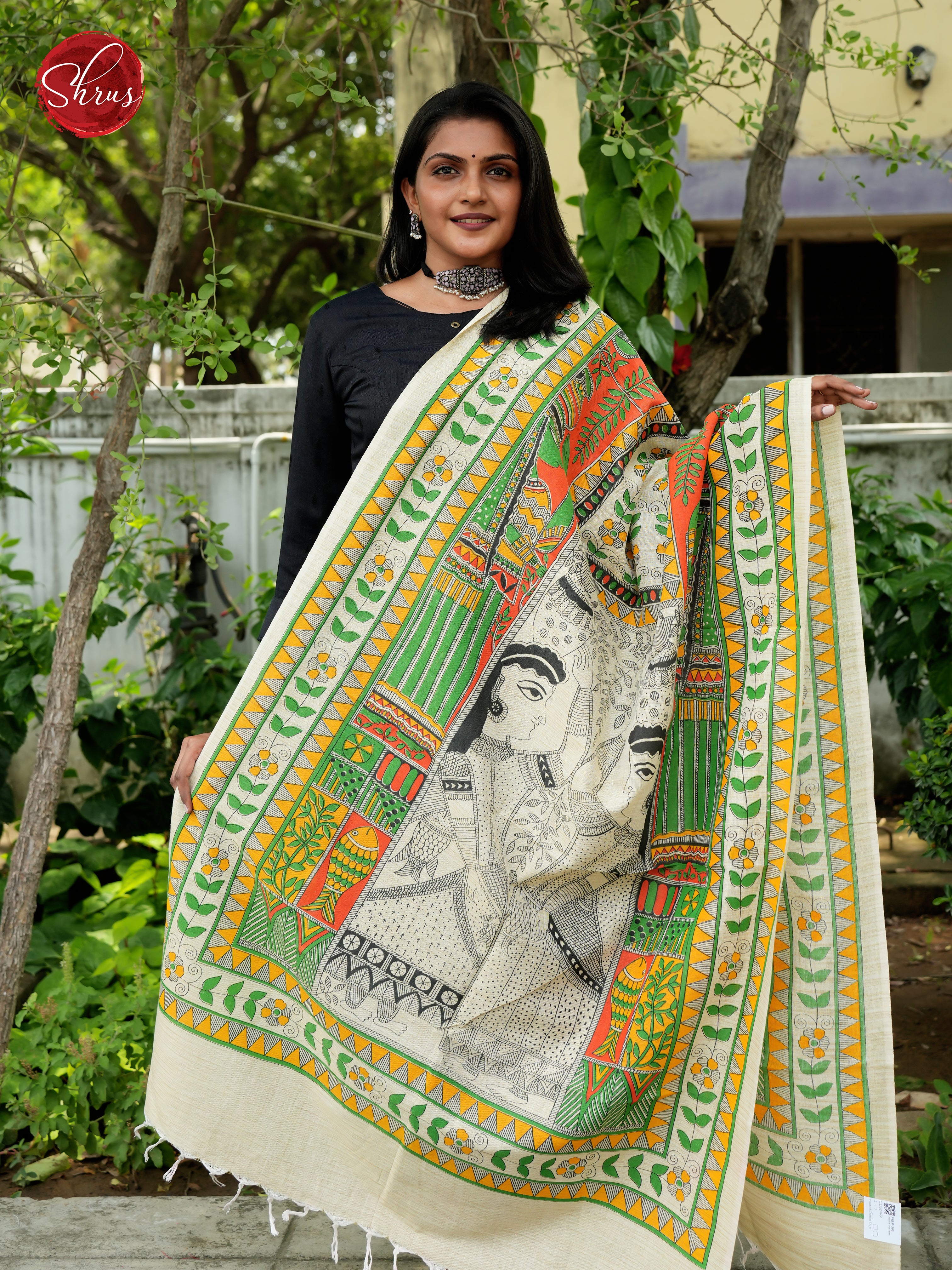 Green & Cream -Madhubani Printed Cotton Dupatta - Shop on ShrusEternity.com