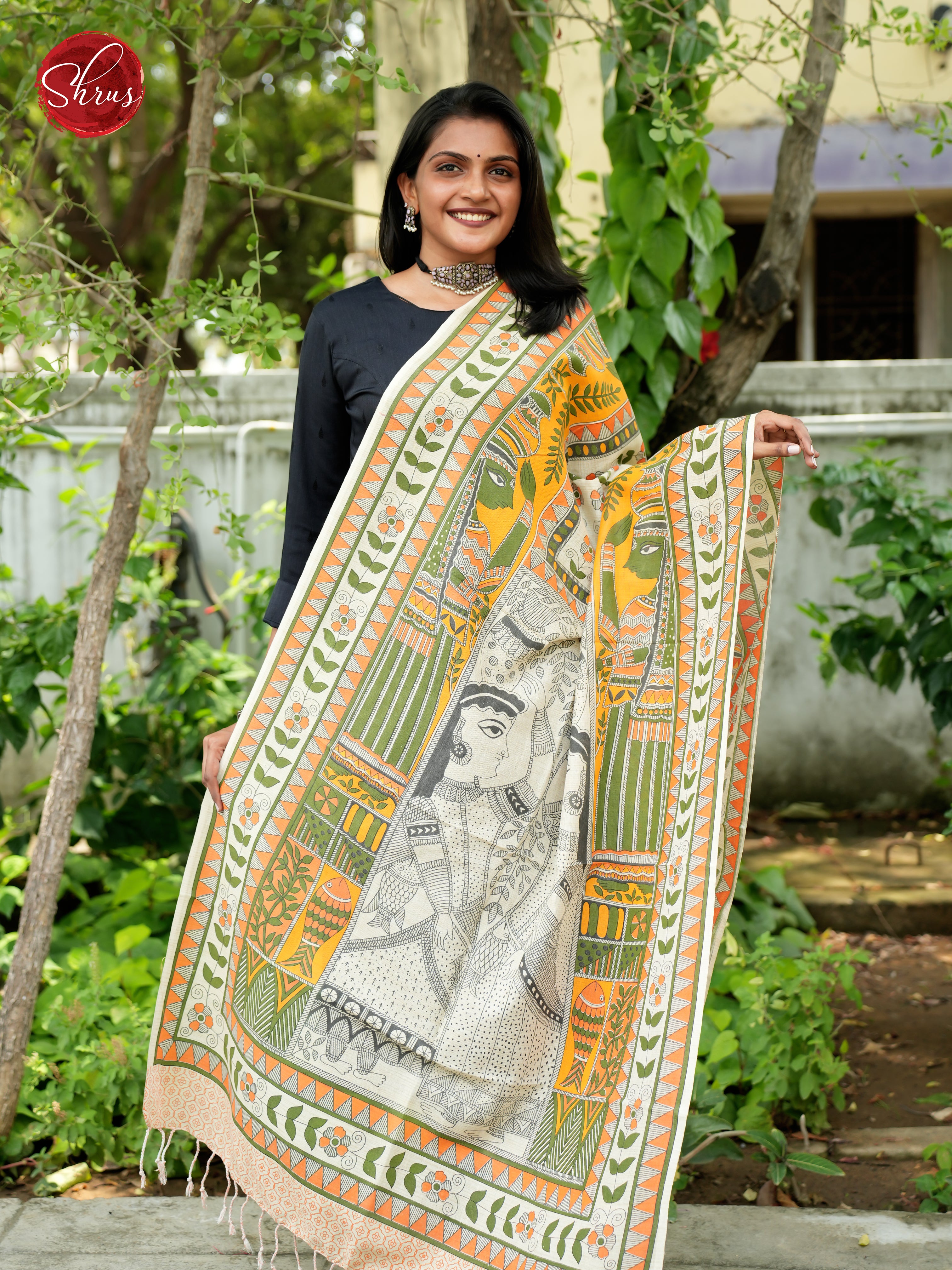 Yellow & Green-Madhubani Printed Cotton Dupatta - Shop on ShrusEternity.com