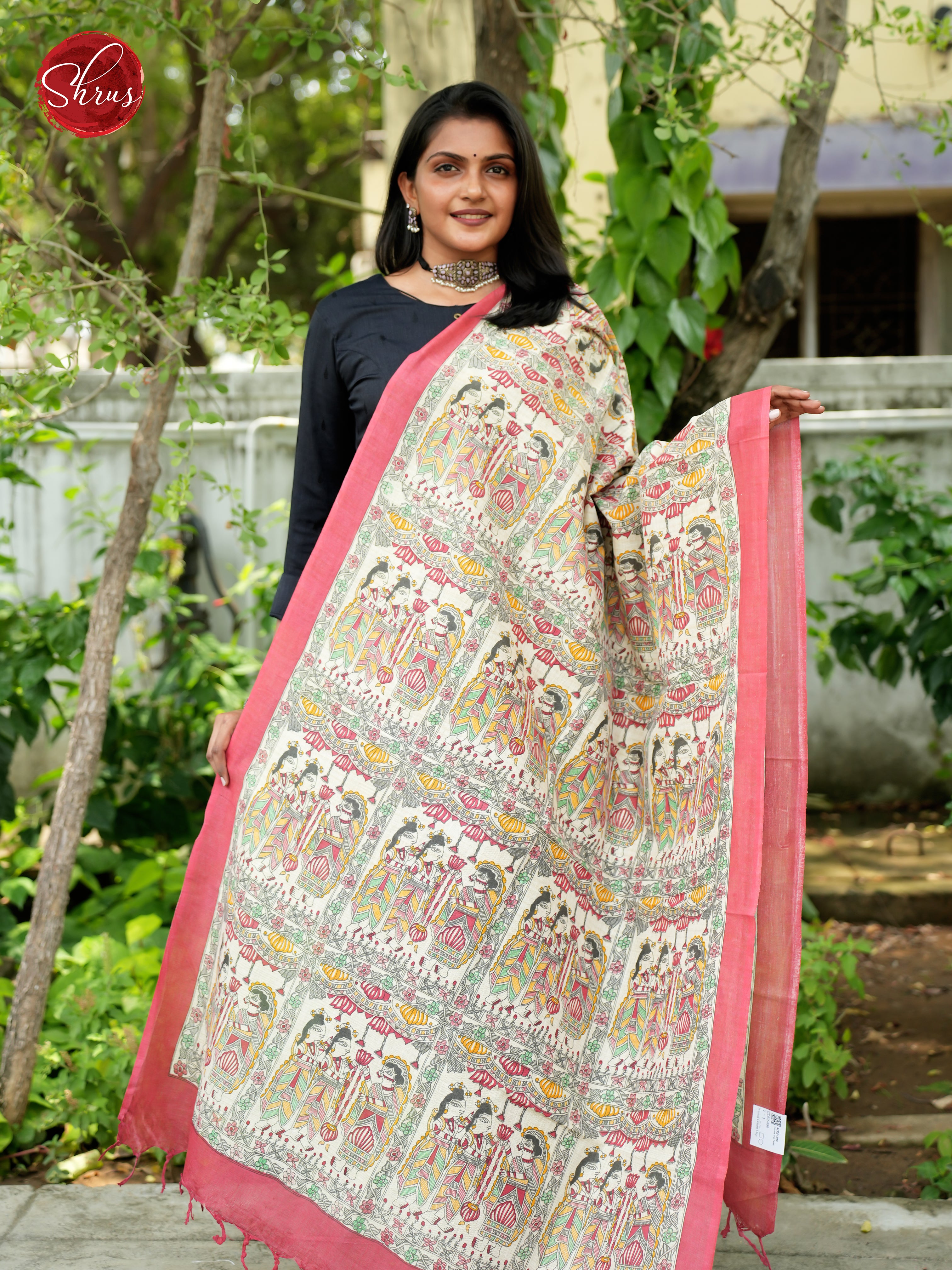 Cream & Pink -Madhubani Printed Cotton Dupatta - Shop on ShrusEternity.com