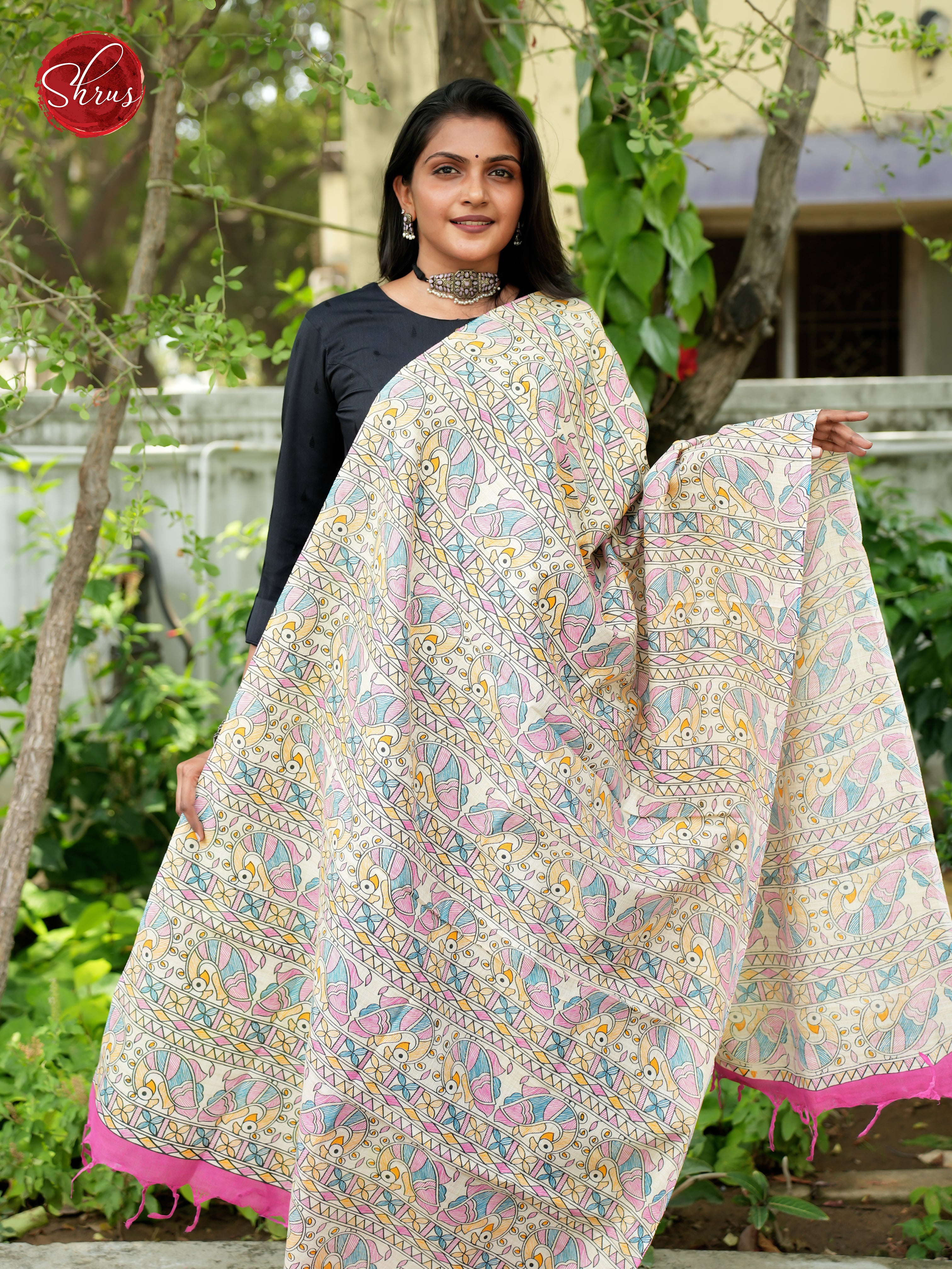 Cream & Pink - Madhubani Printed Cotton Dupatta - Shop on ShrusEternity.com