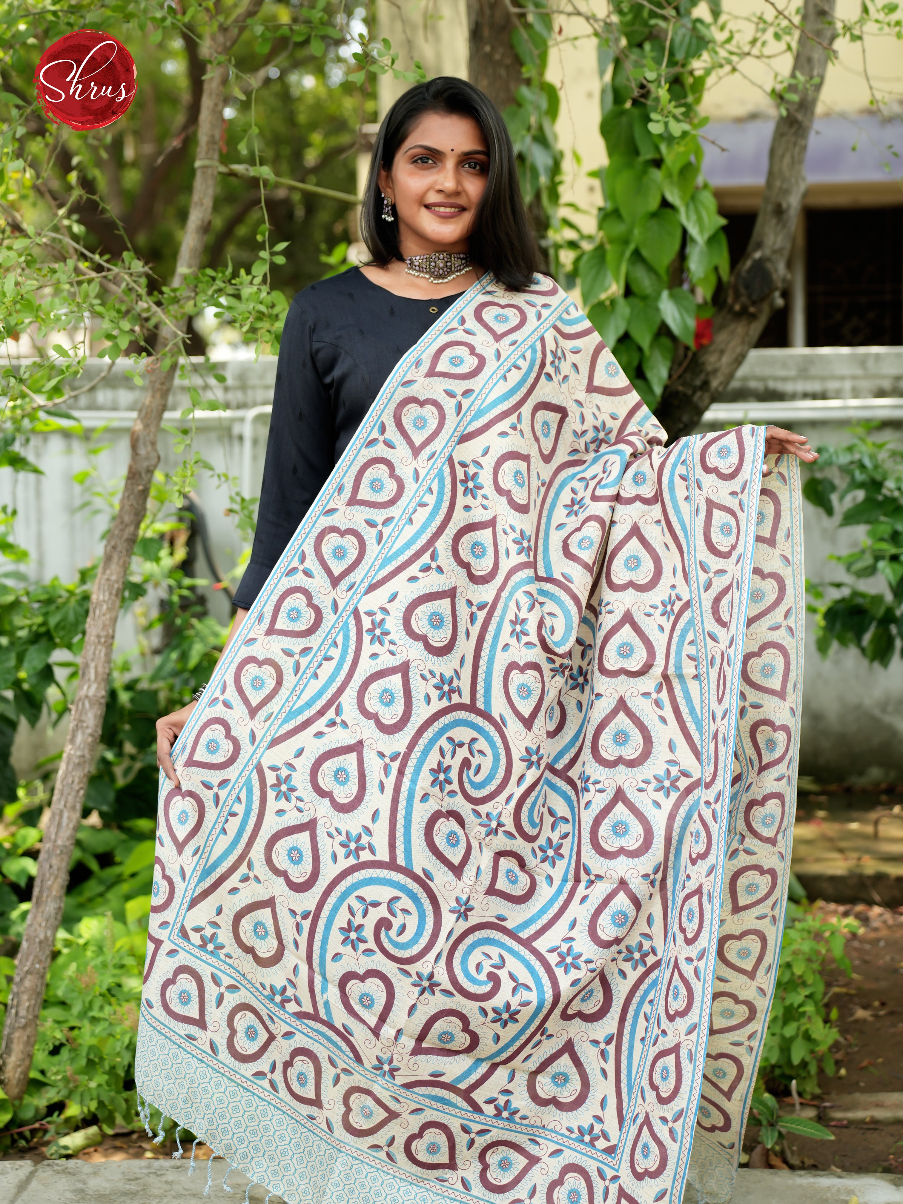 Cream & Blue - Printed Cotton Dupatta - Shop on ShrusEternity.com