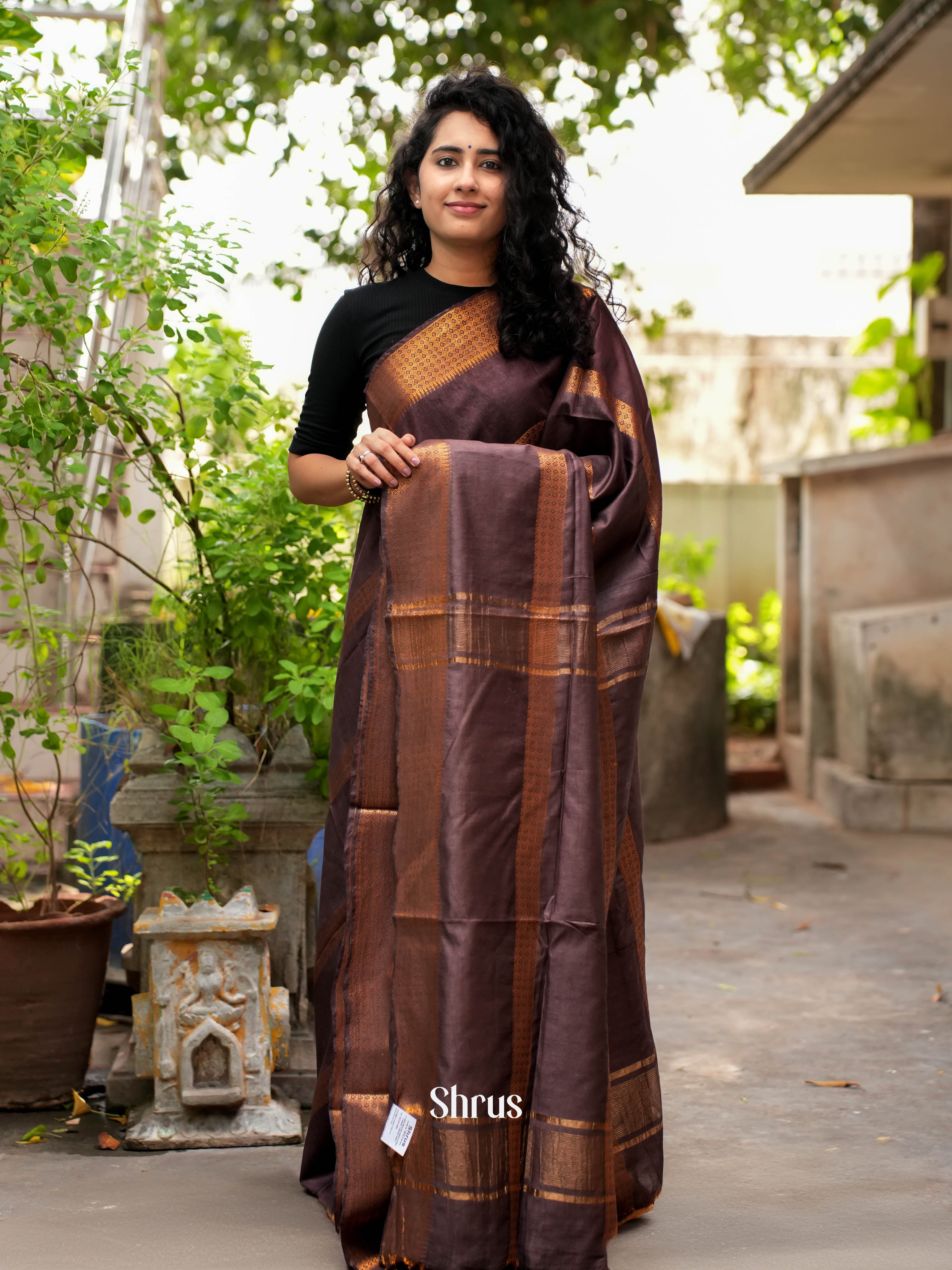 Brown(Single Tone) - Semi Tussar Saree - Shop on ShrusEternity.com