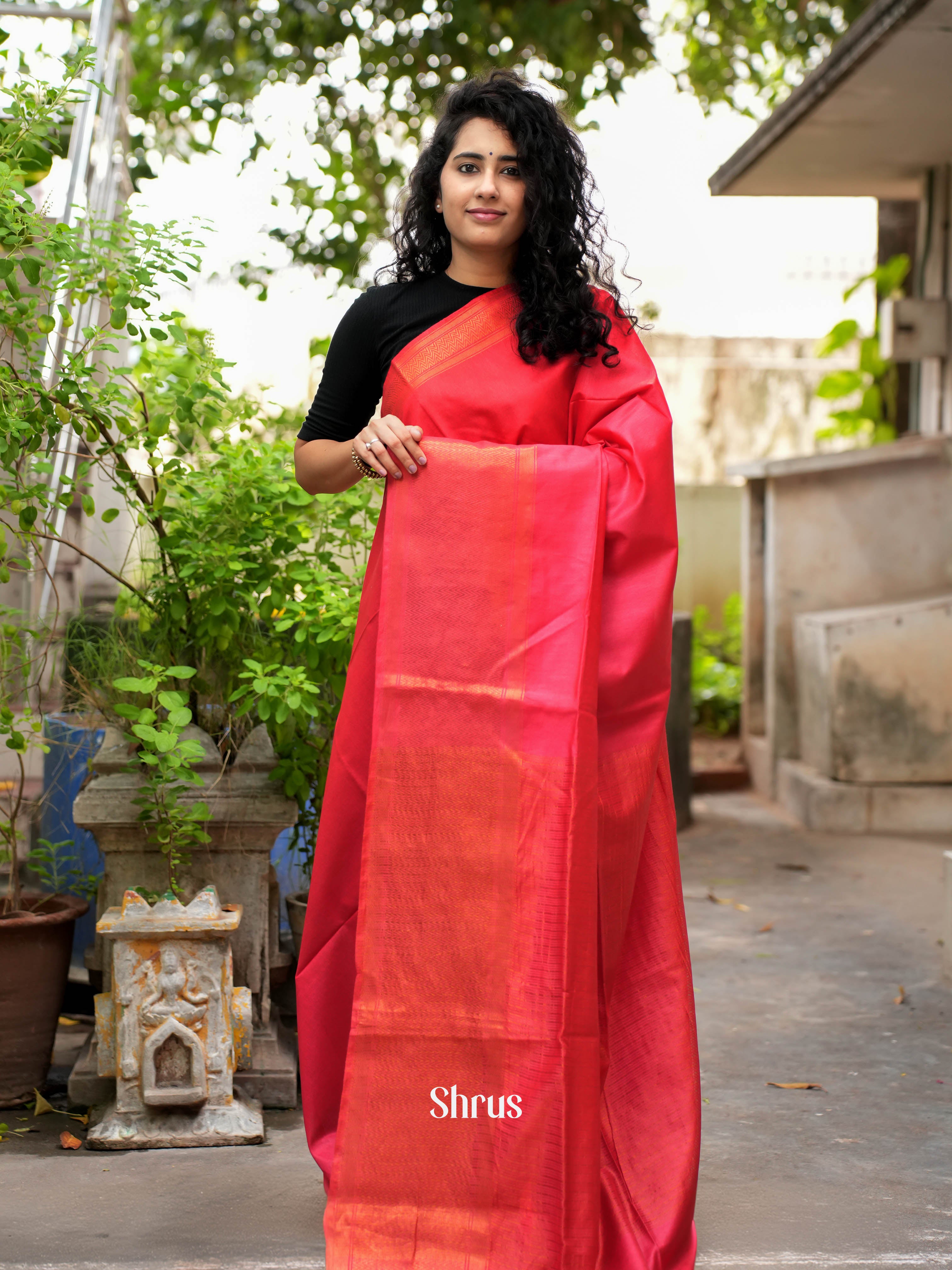 Red(single Tone) - Semi Tussar Saree - Shop on ShrusEternity.com