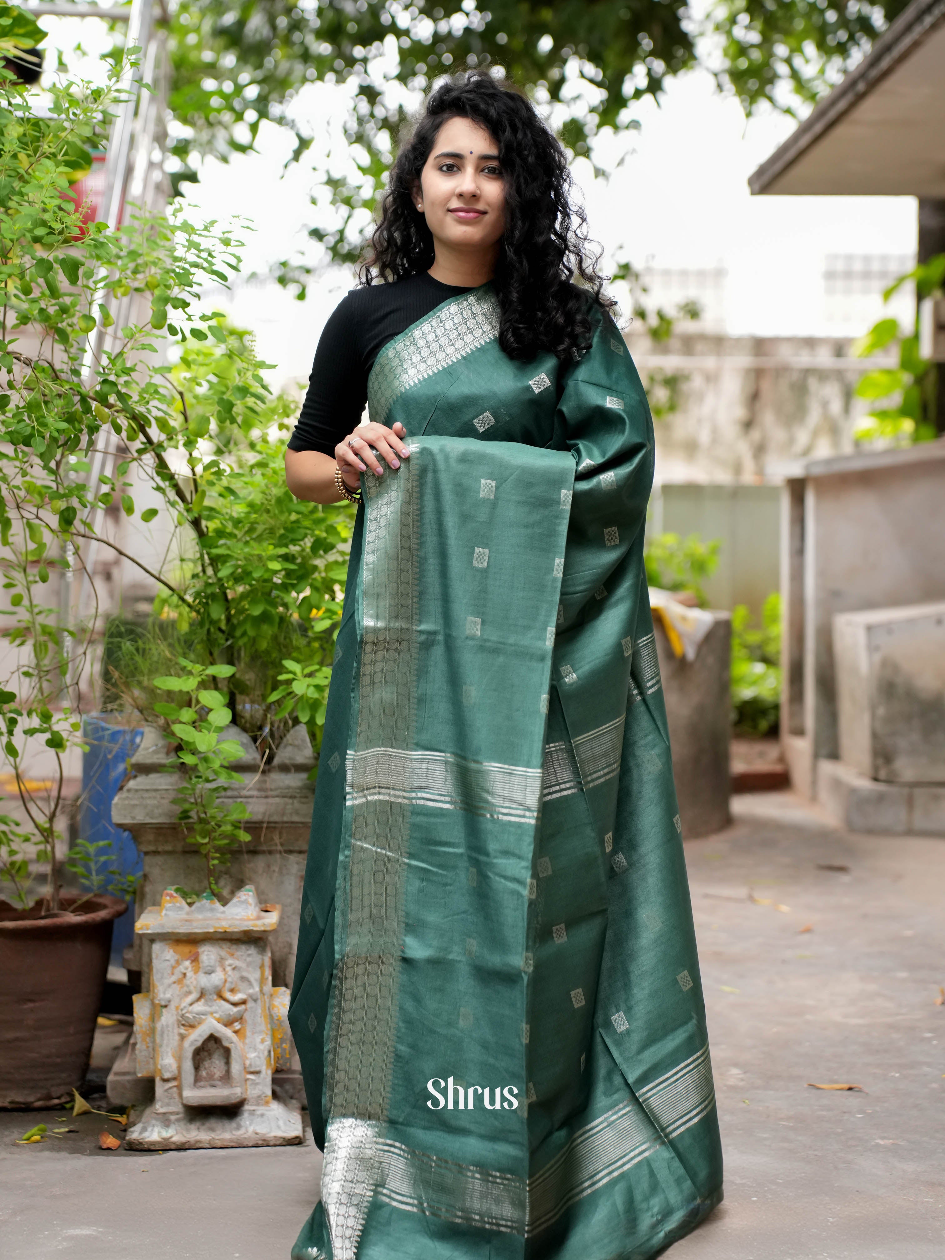 Green (Single Tone) - Semi Tussar Saree - Shop on ShrusEternity.com