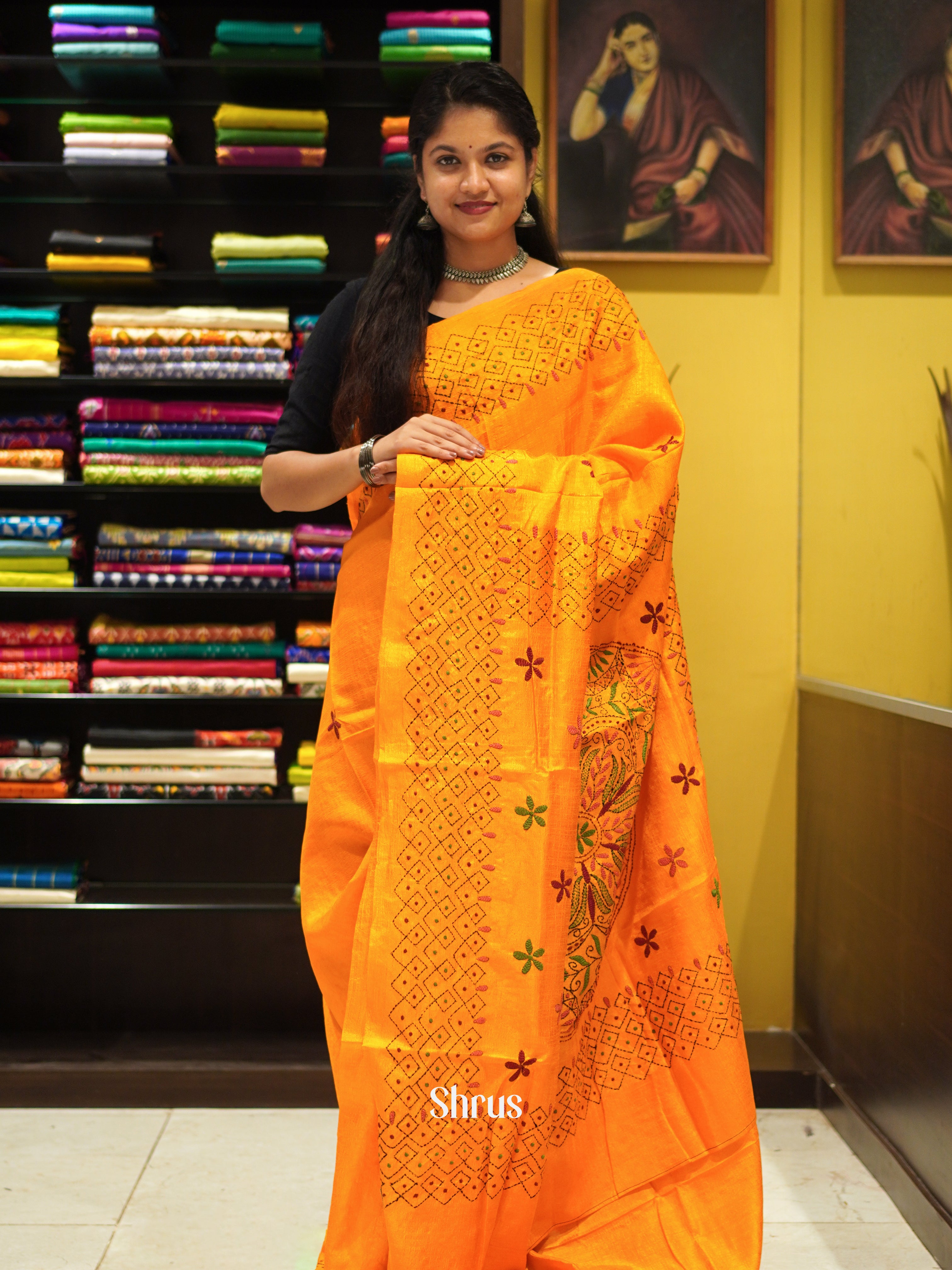 Mambazha Yellow(Single Tone)- Semi Kantha Saree - Shop on ShrusEternity.com