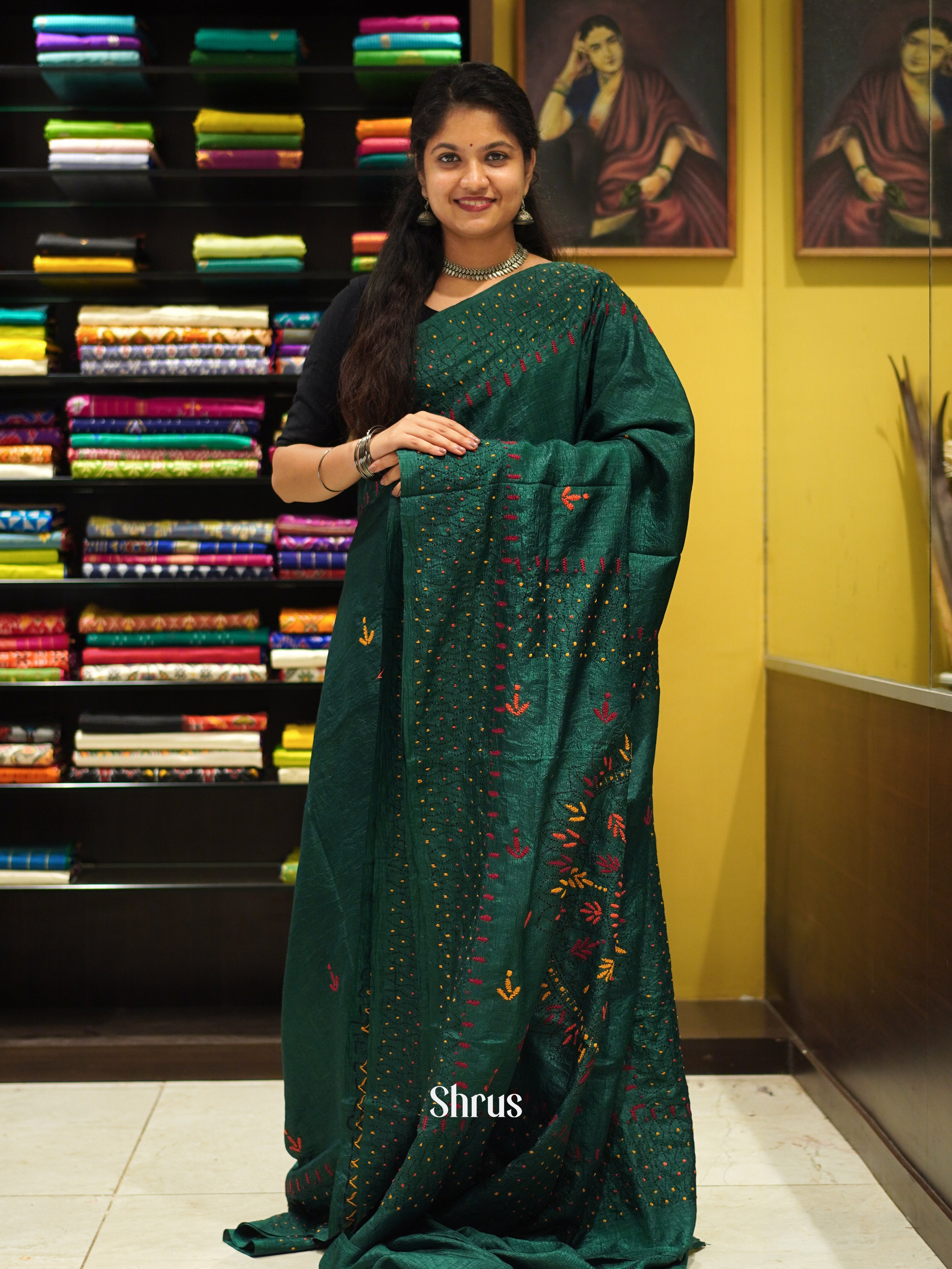 Green(Single Tone) - Semi Kantha Saree - Shop on ShrusEternity.com