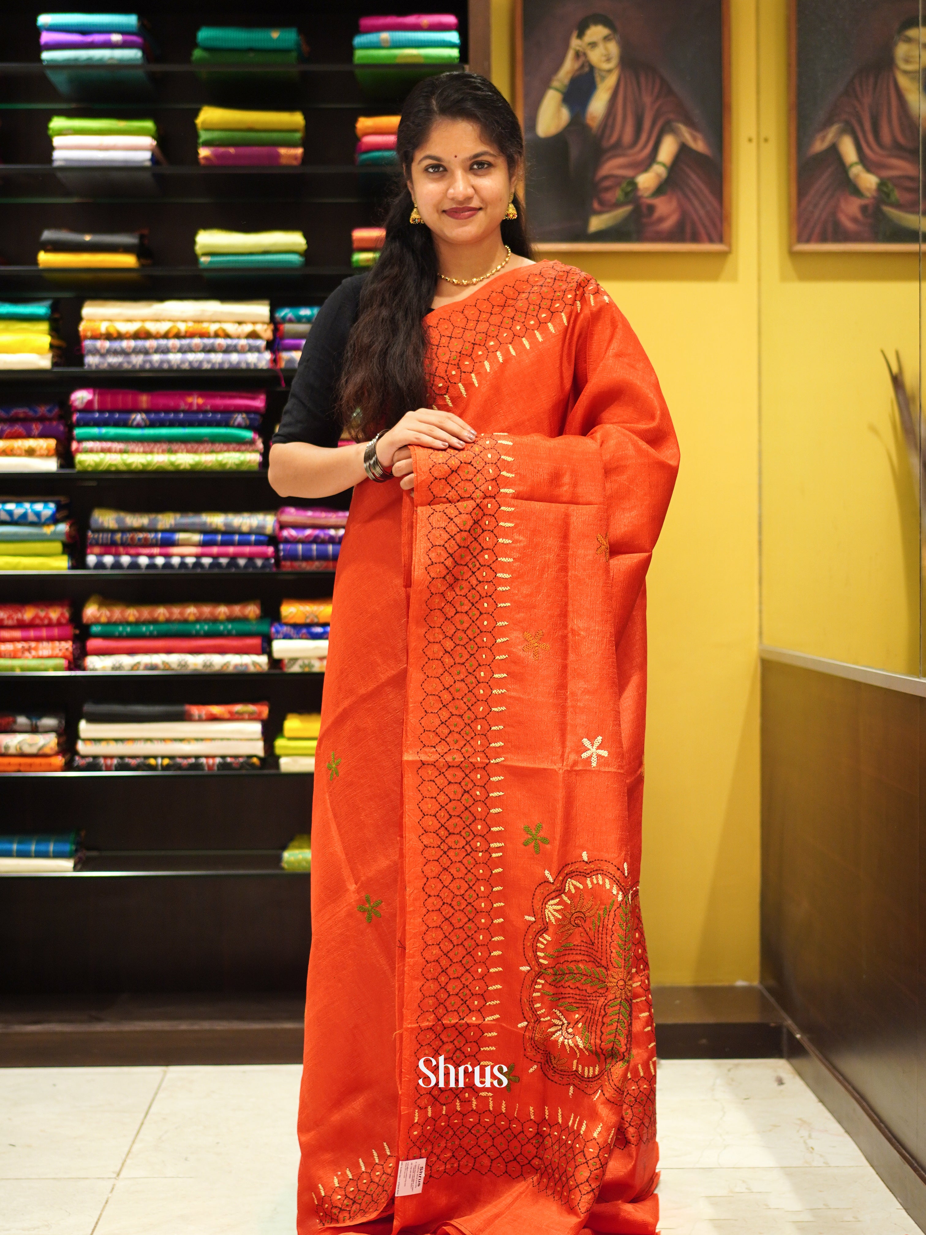 Orange(Single Tone) - Semi Kantha Saree - Shop on ShrusEternity.com