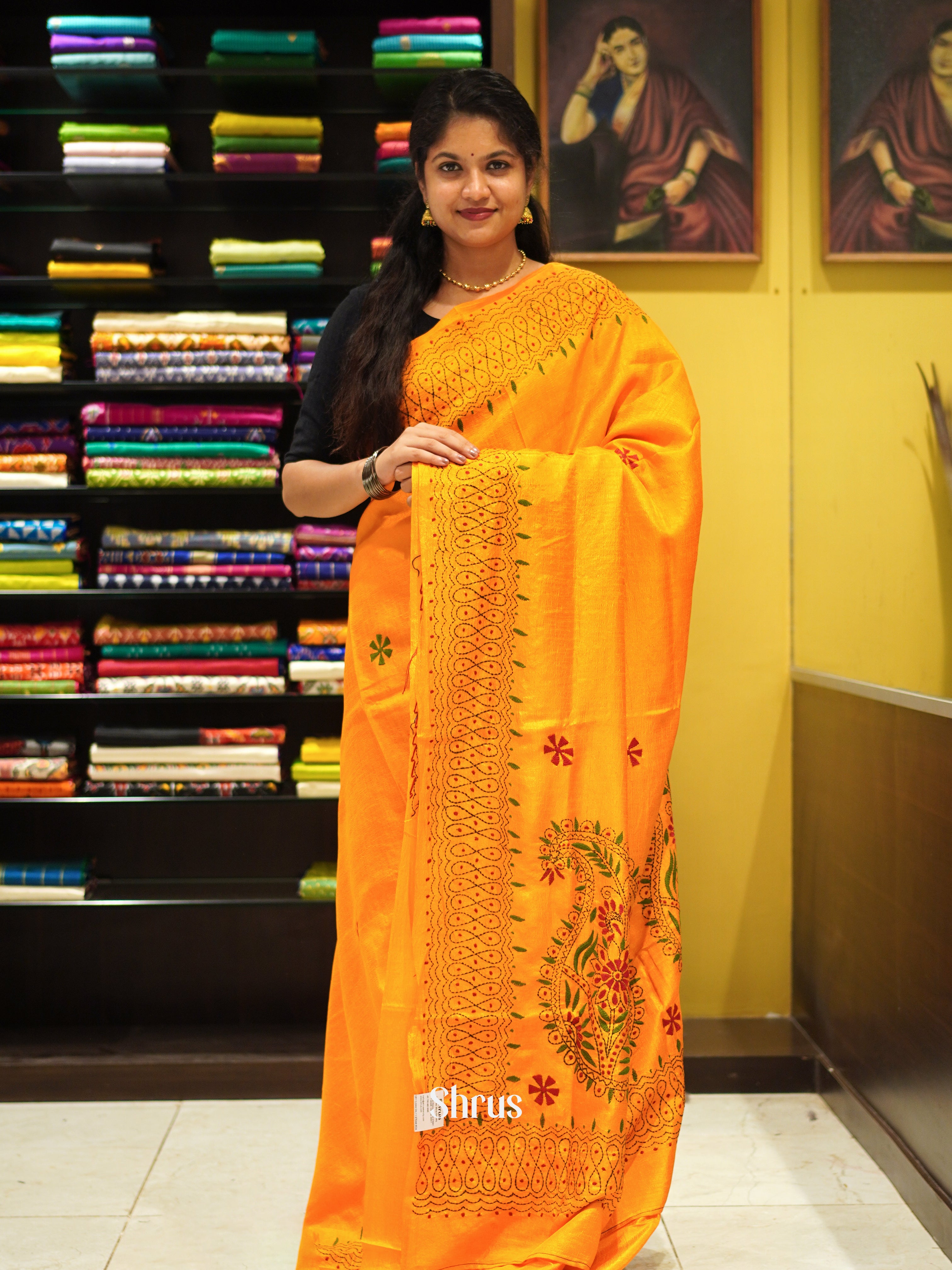 Yellow(Single Tone) - Semi Kantha Saree - Shop on ShrusEternity.com