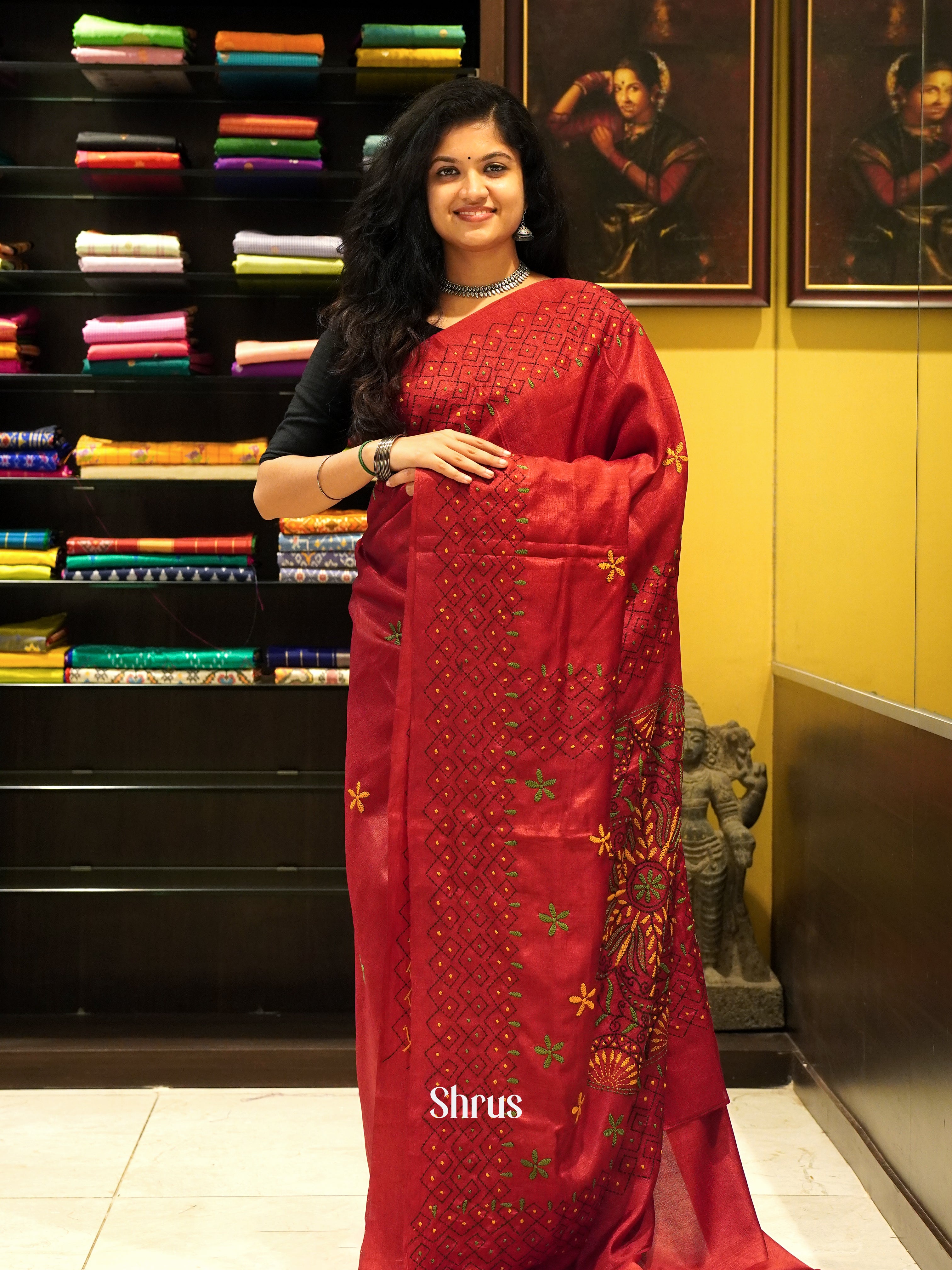 Red - Semi Kantha Saree - Shop on ShrusEternity.com