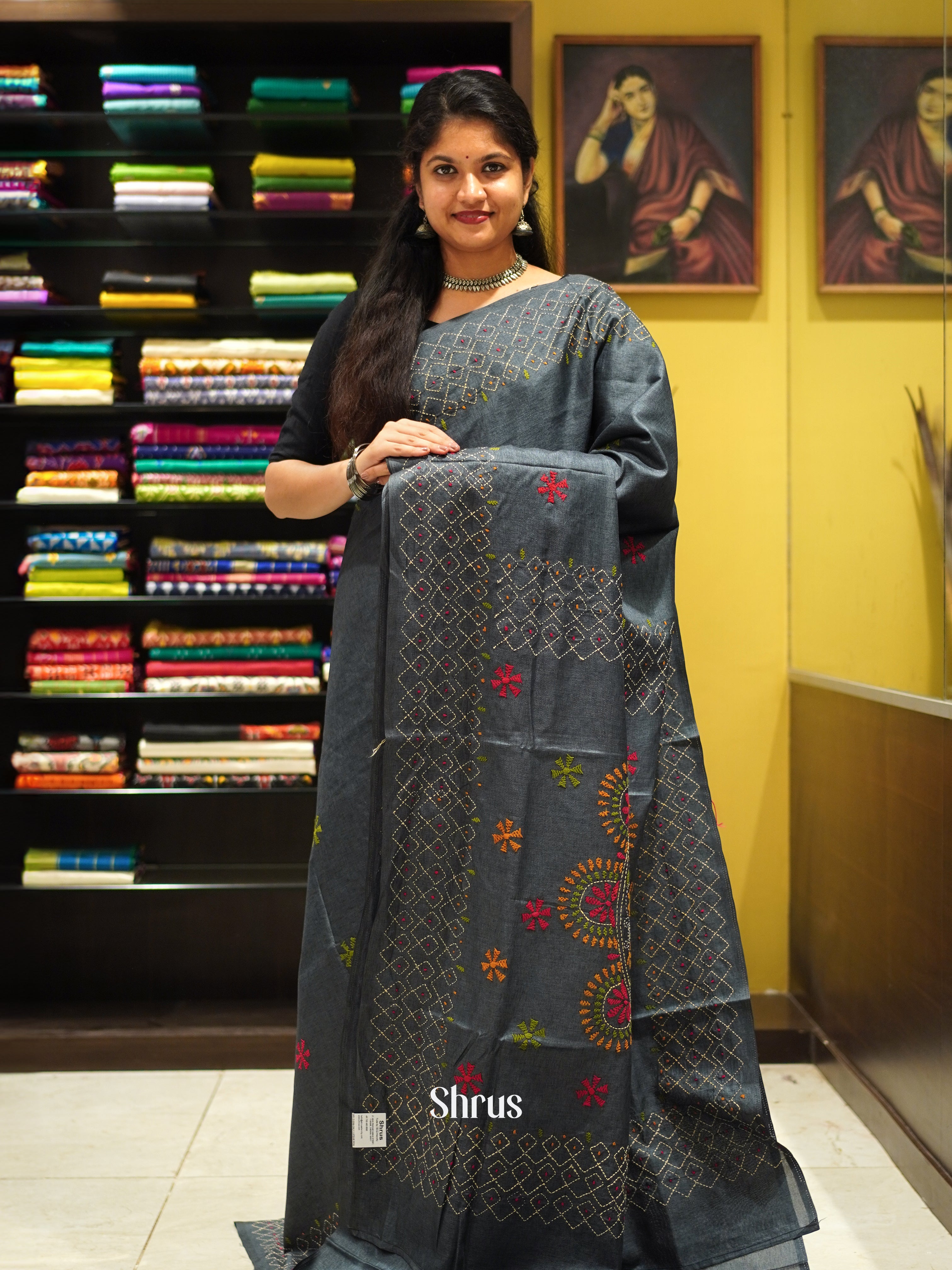 Grey(Single Tone) - Semi Kantha Saree - Shop on ShrusEternity.com