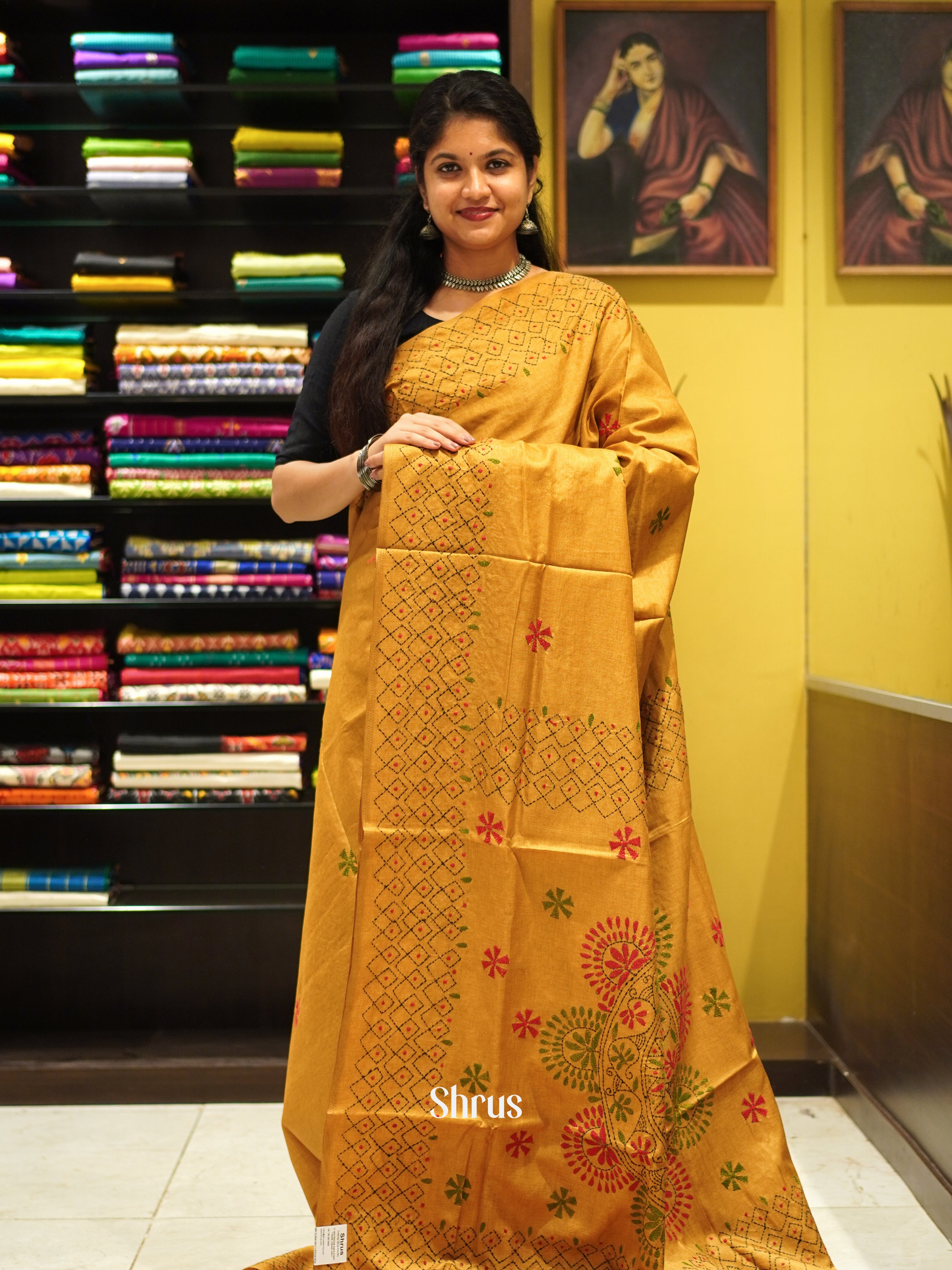 Mustard(Single Tone) - Semi Kantha Saree - Shop on ShrusEternity.com