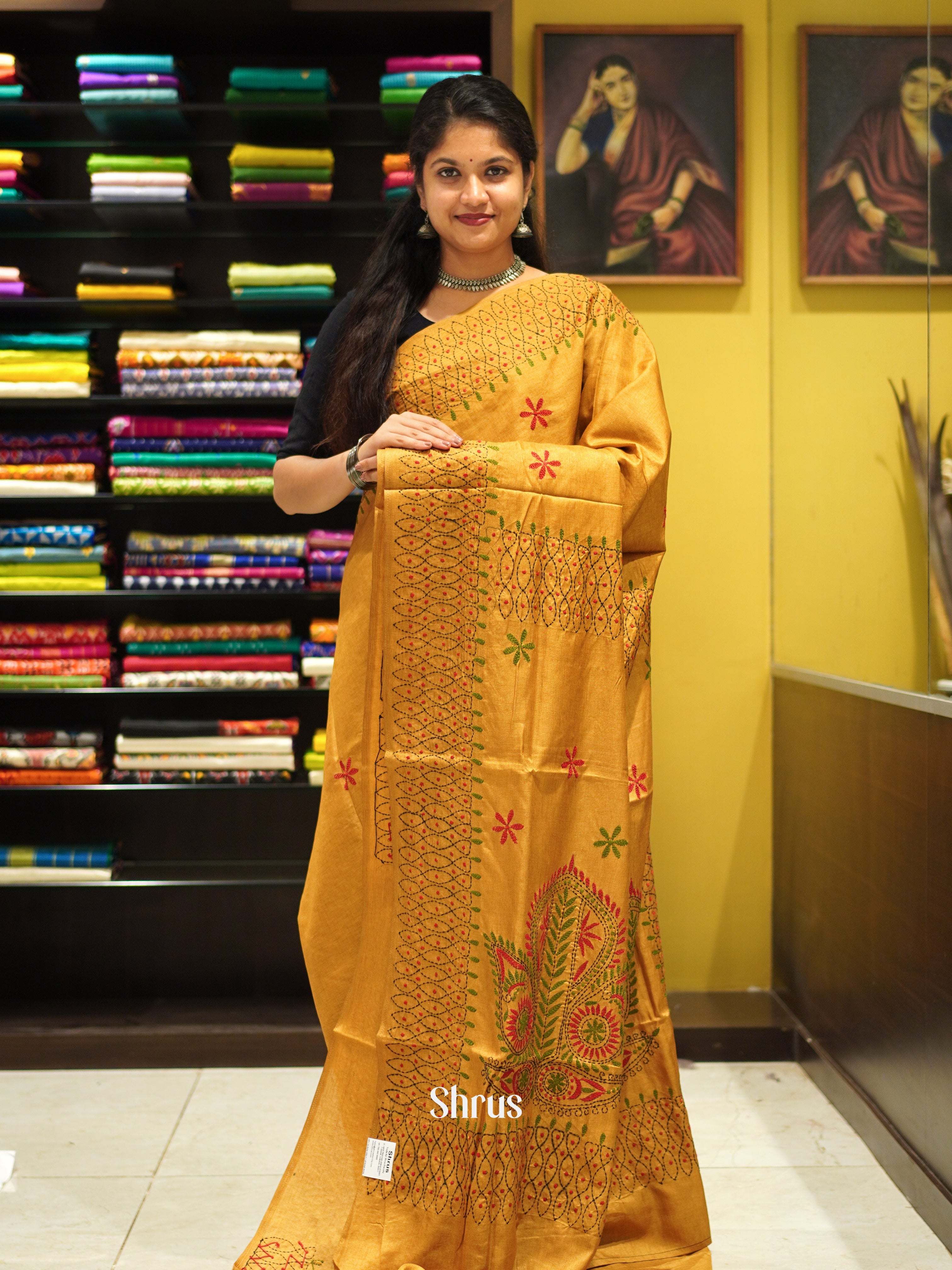 Mustard(Single Tone) - Semi Kantha Saree - Shop on ShrusEternity.com