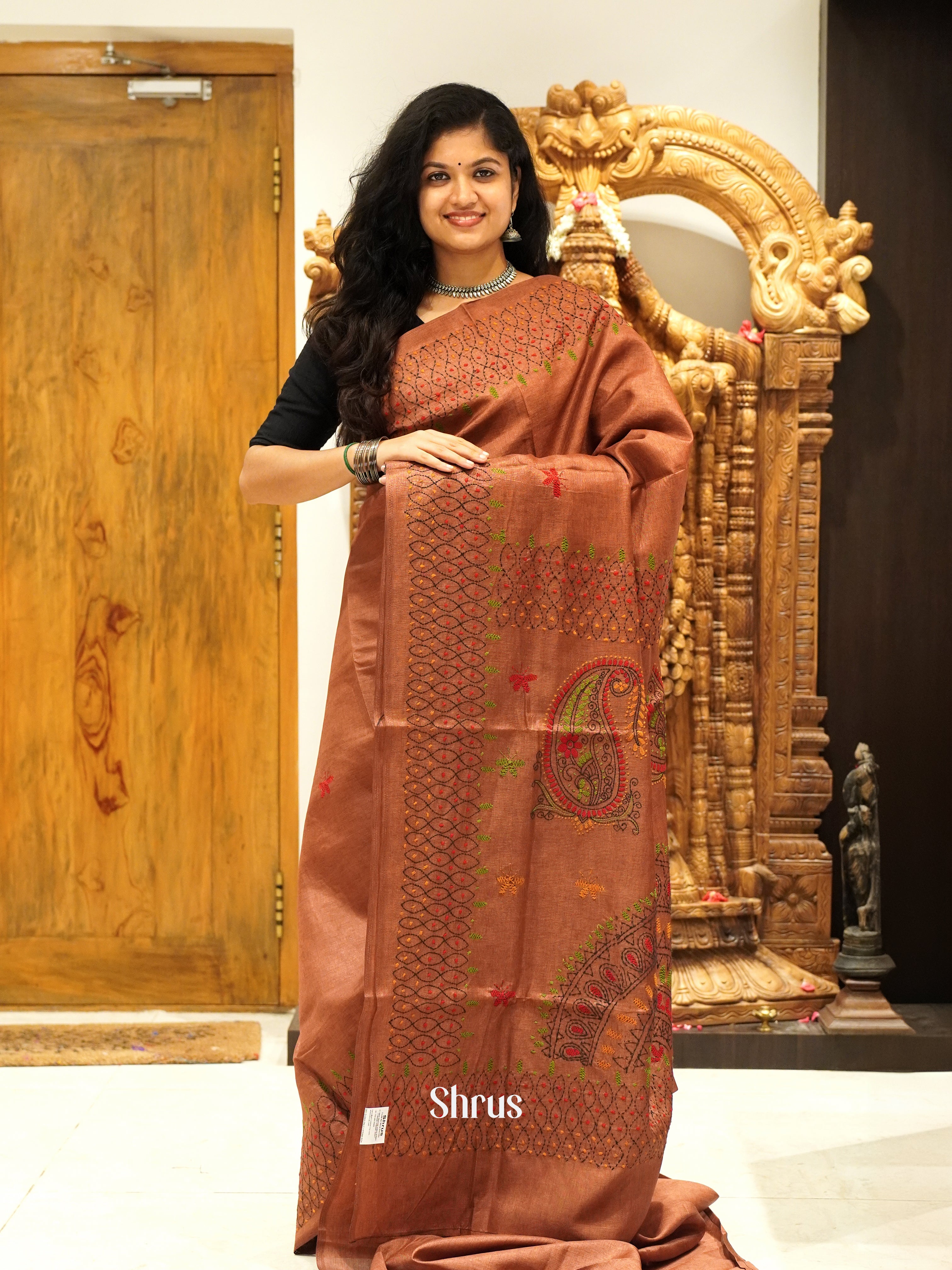 Brown - Semi Kantha Saree - Shop on ShrusEternity.com