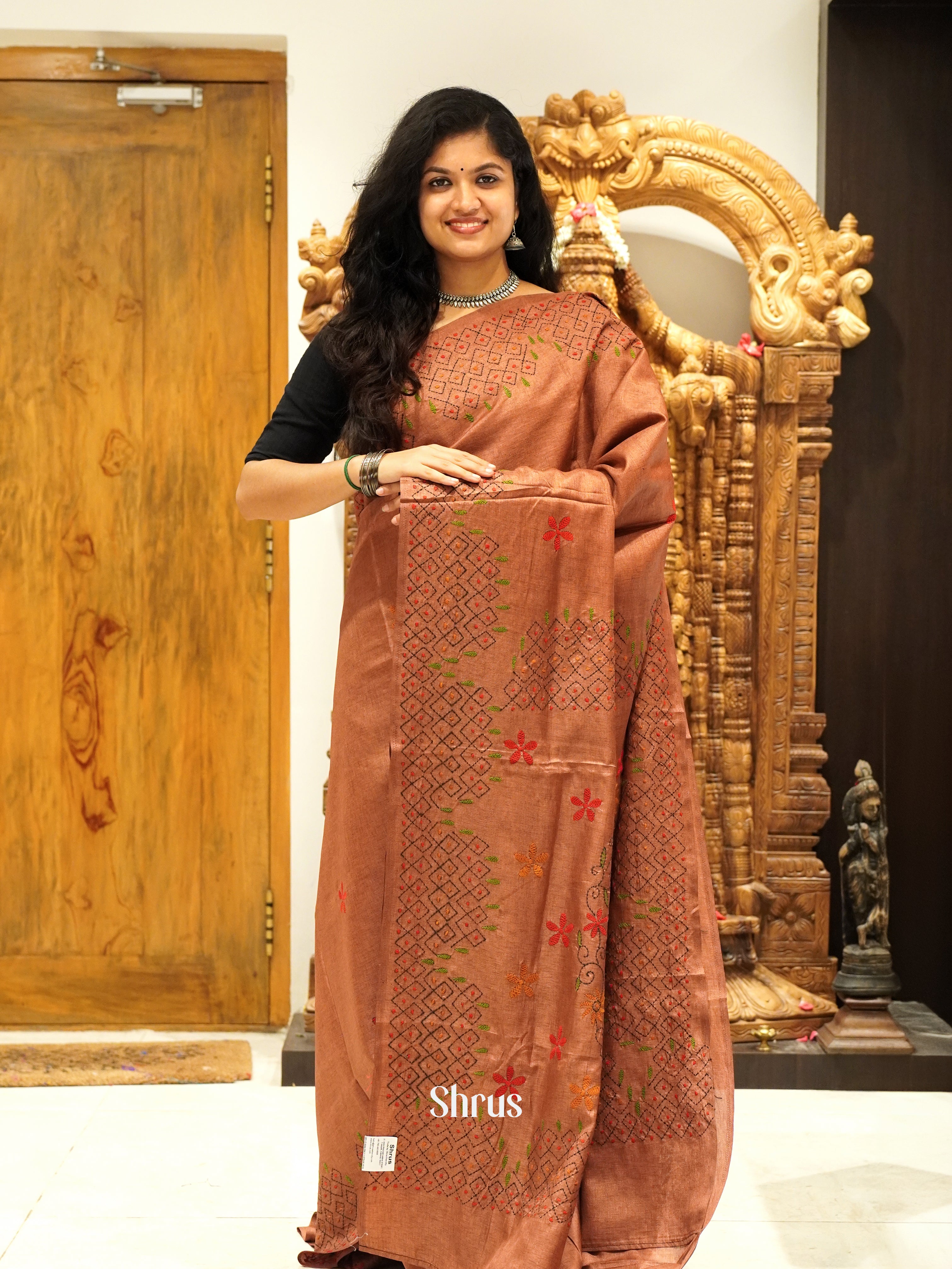 Brown(Single Tone) - Semi Kantha Saree - Shop on ShrusEternity.com