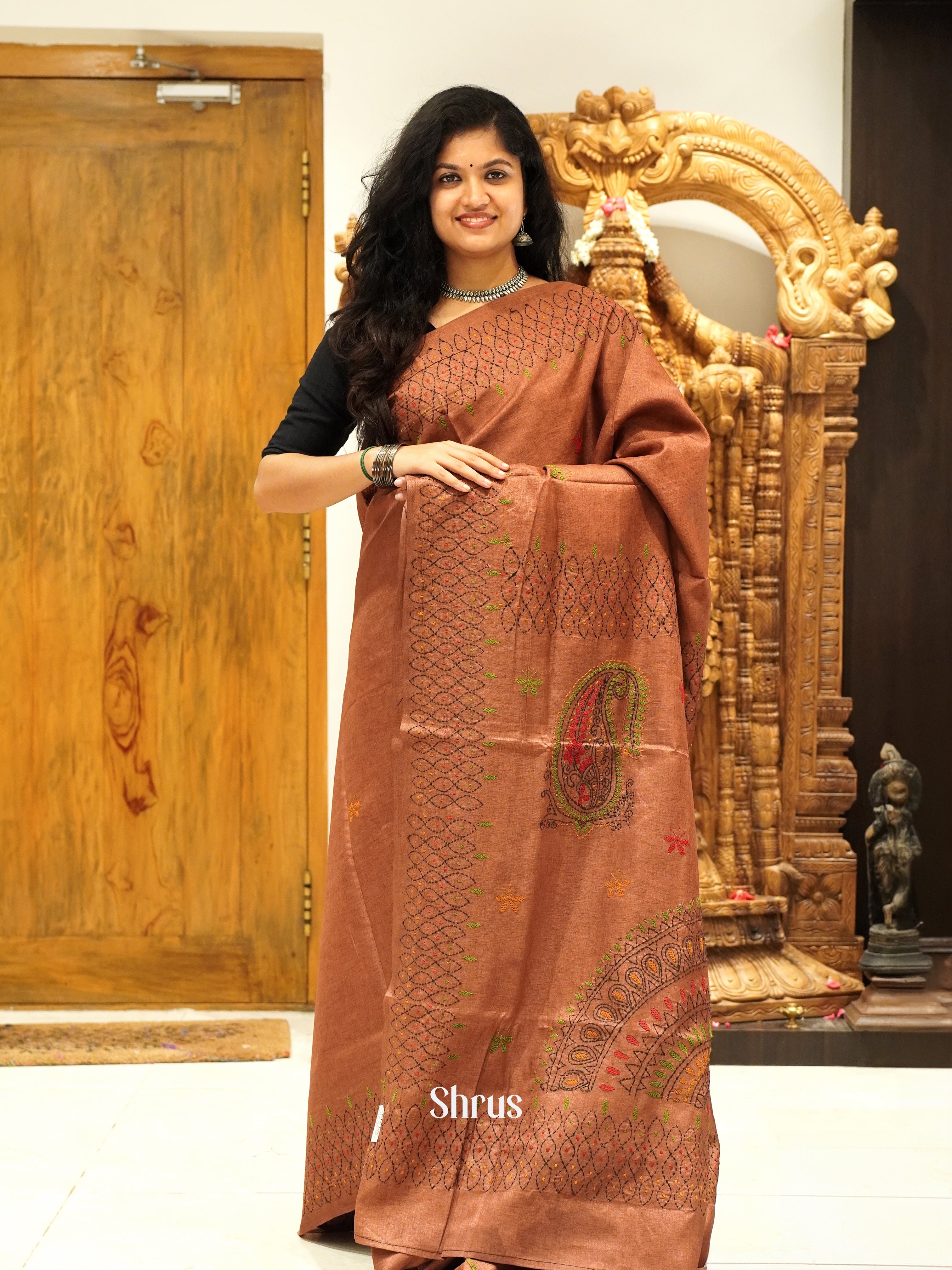 Brown(Single Tone) - Semi Kantha Saree - Shop on ShrusEternity.com