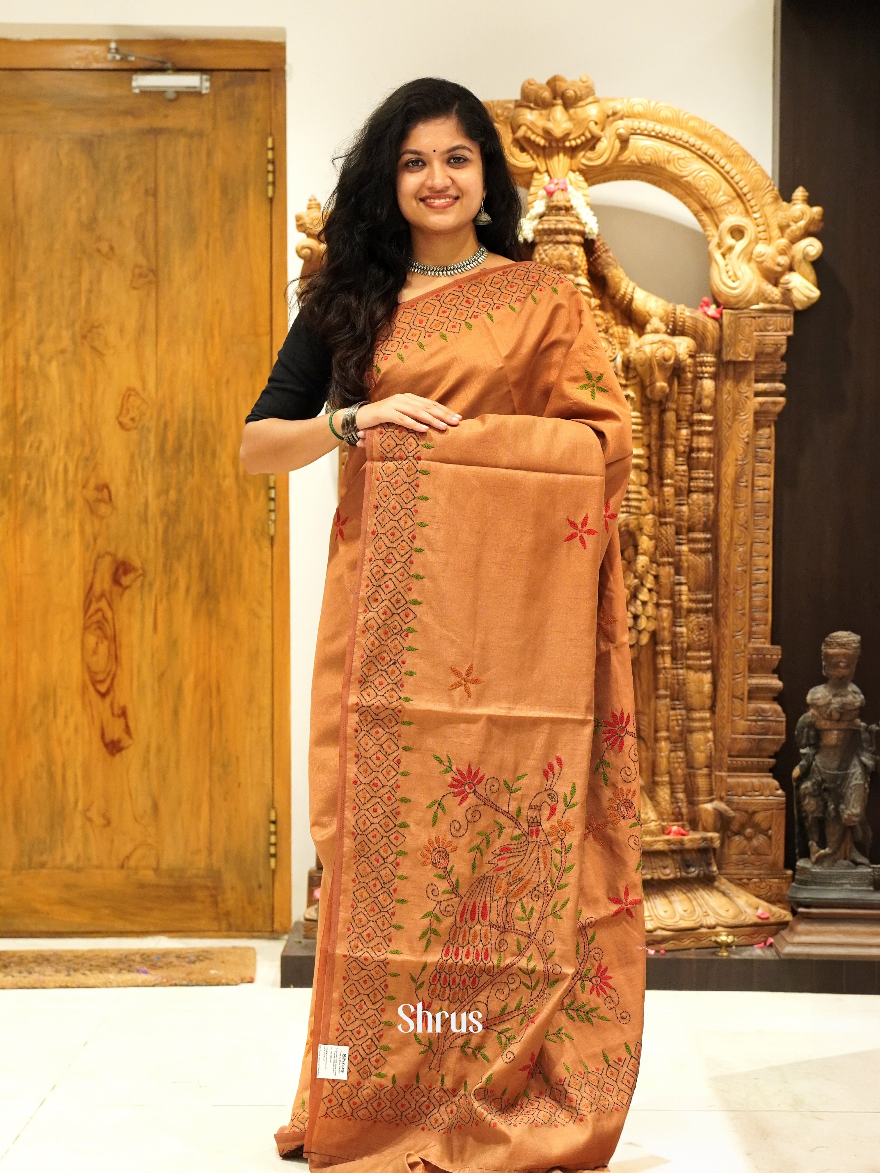 Brown- Semi Kantha Saree - Shop on ShrusEternity.com