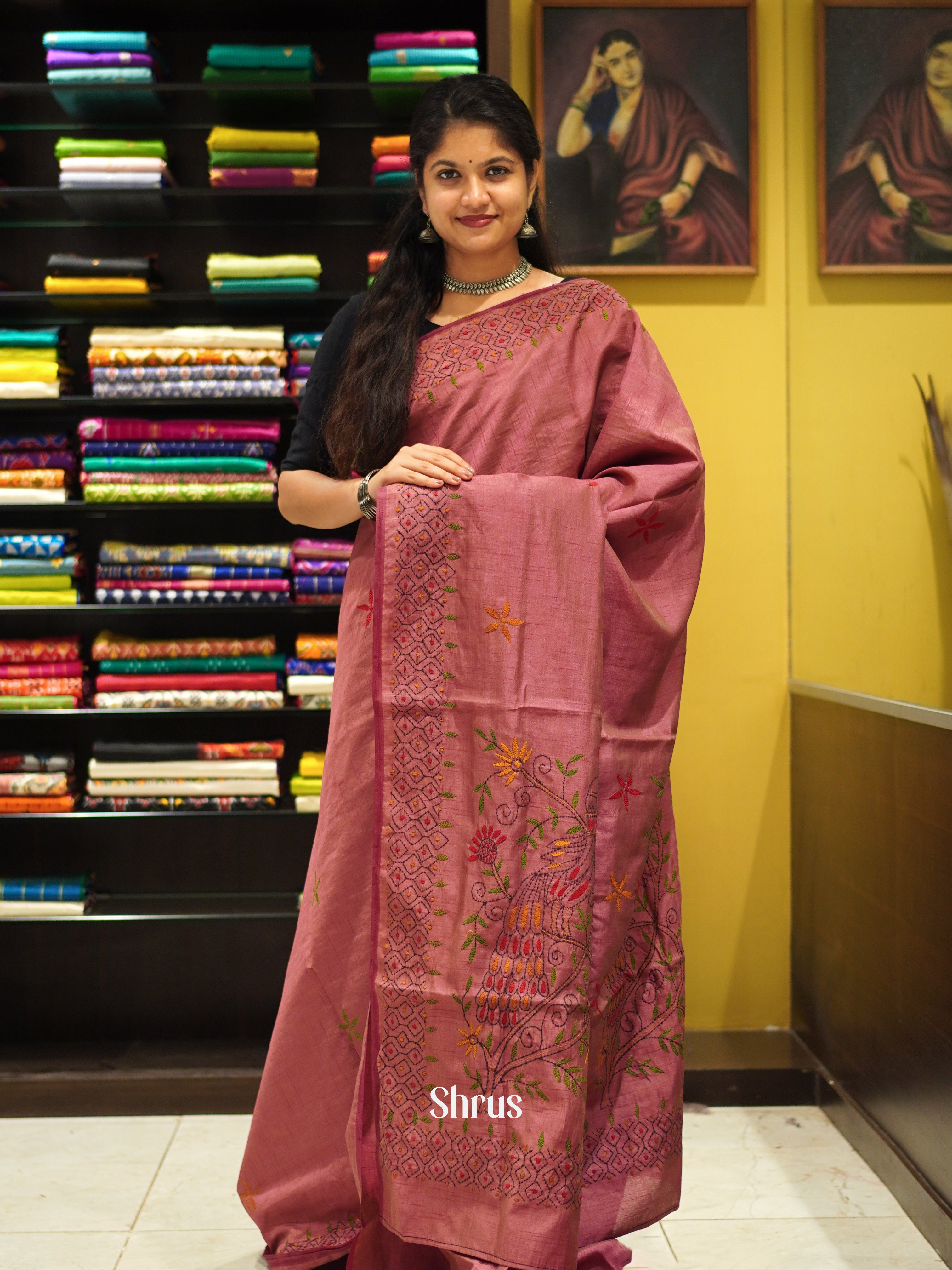 Dusty Pink(Single Tone) - Semi Kantha Saree - Shop on ShrusEternity.com